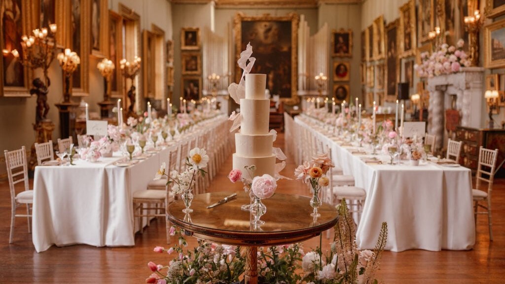 A four-tier round cake with a smooth, light ivory surface finish, featuring delicate, irregular