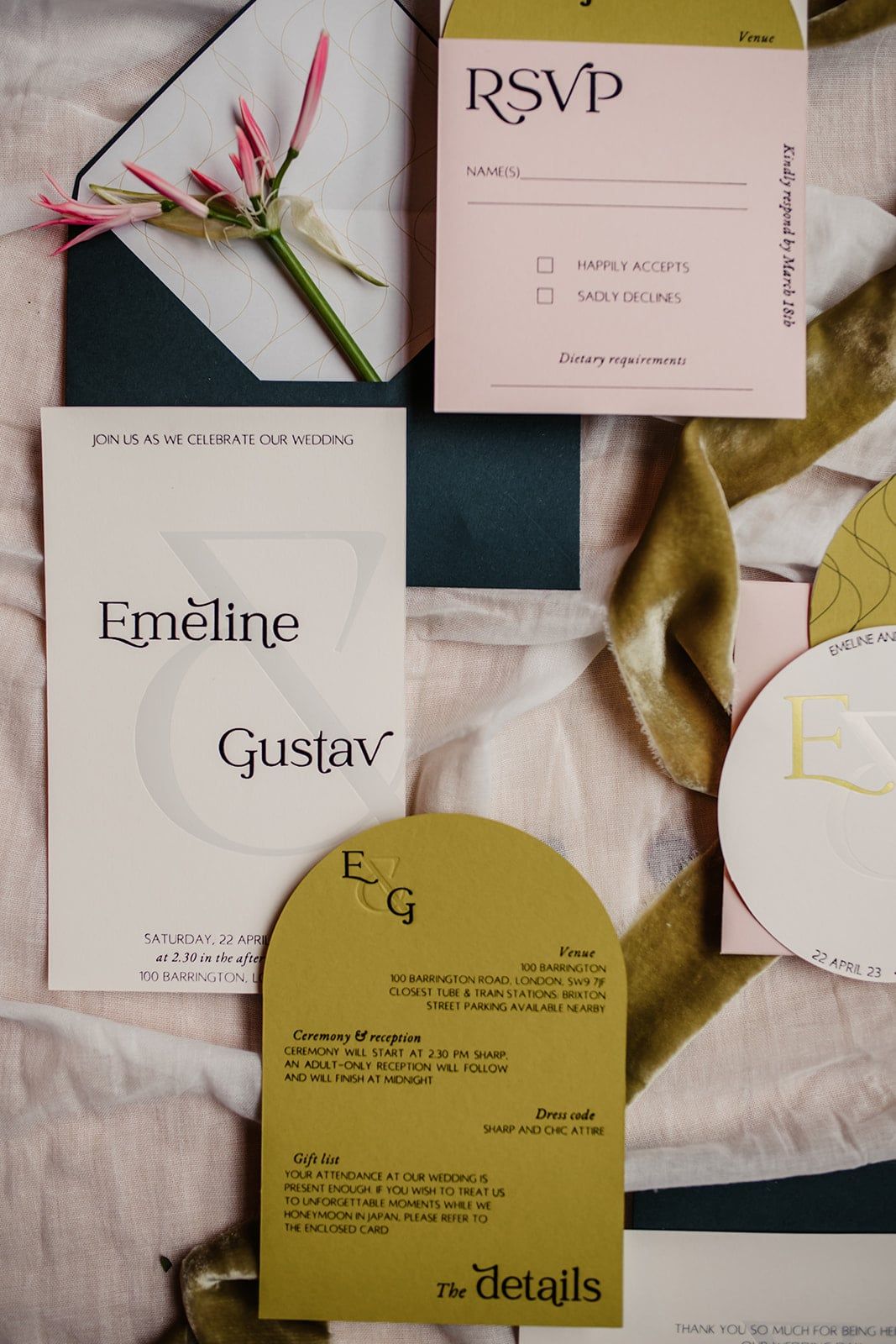 A contemporary invitation suite featuring a blend of dark teal, blush pink, and chartreuse green.