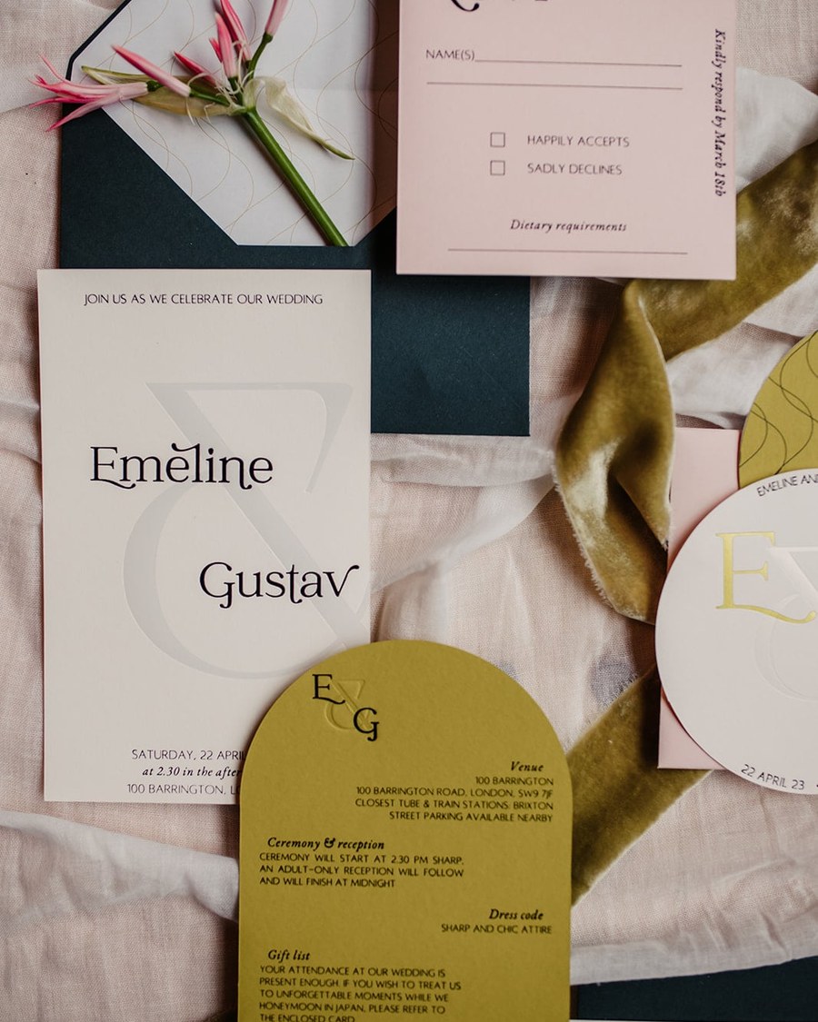 A contemporary invitation suite featuring a blend of dark teal, blush pink, and chartreuse green.
