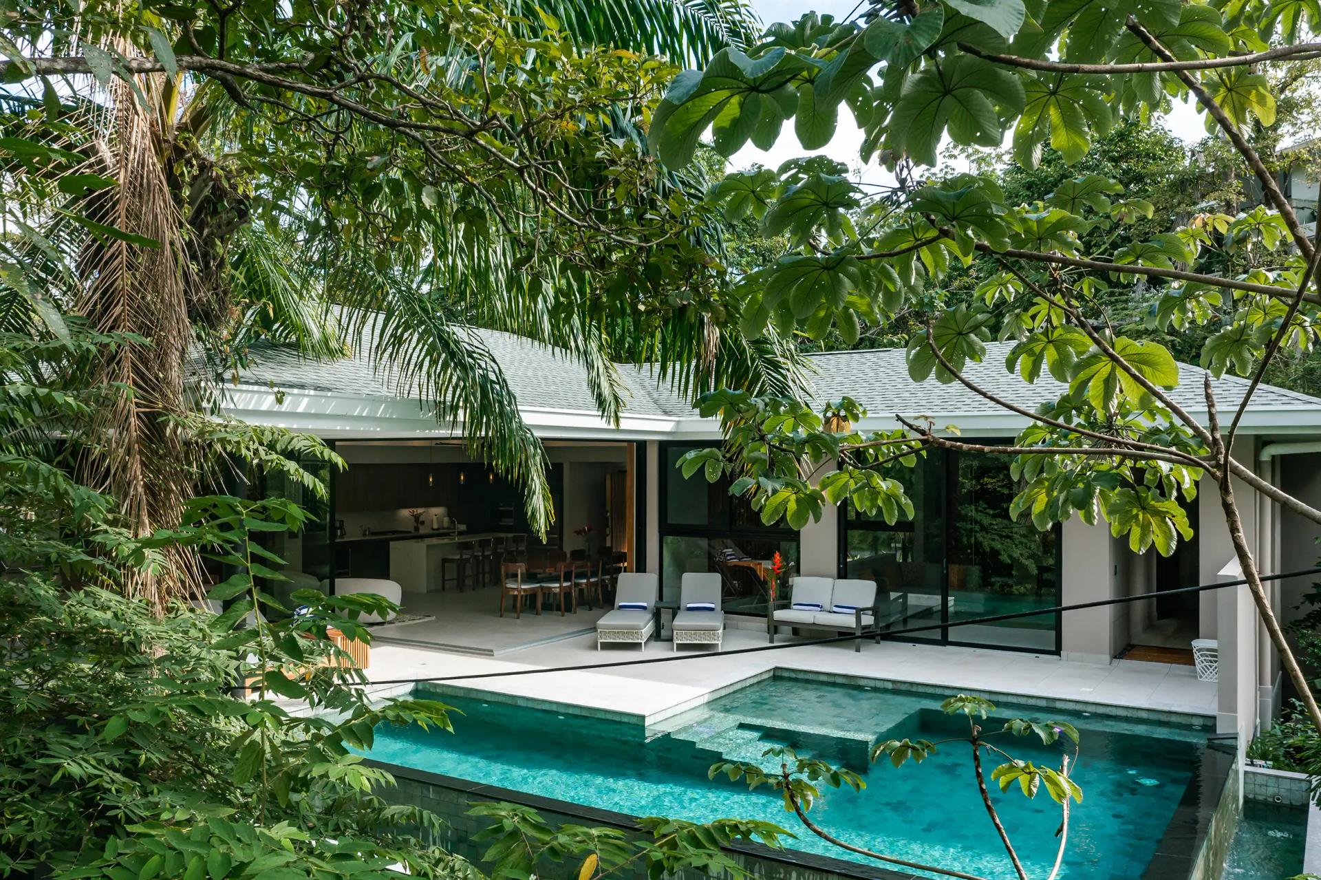 Casa Blue Marlin seen through the jungle canopy with pool and open kitchen