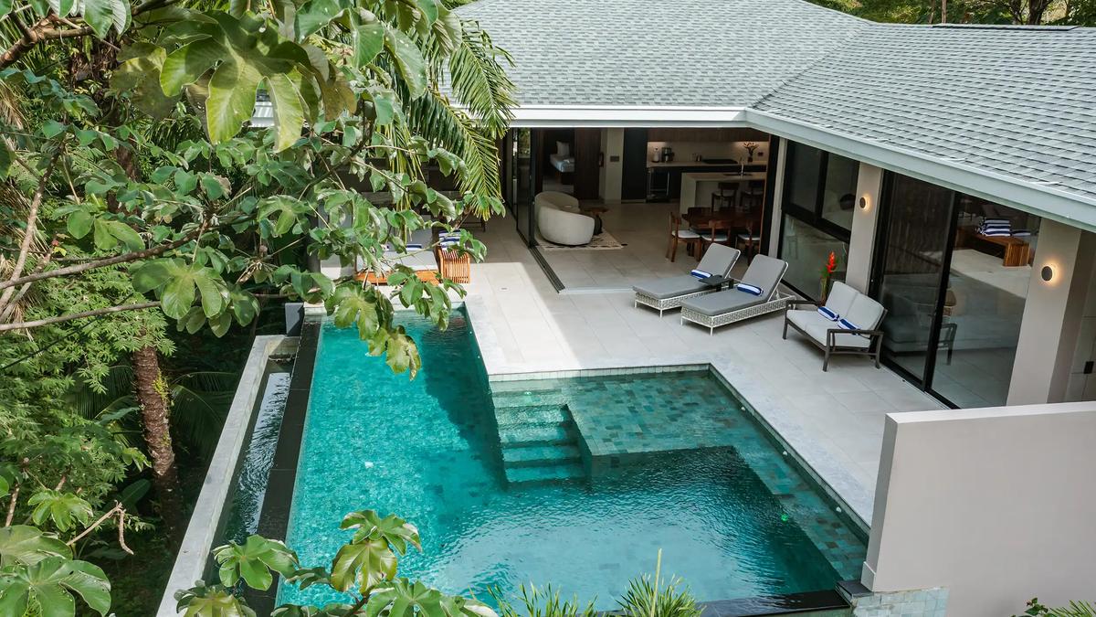 Aerial view over Casa Blue Marlin's pool steps and loungers by the living room