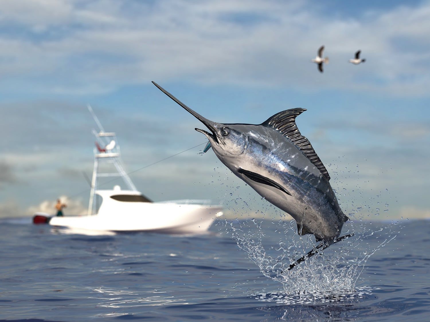 Big game fishing time, big swordfish marlin jumped hooked by sport fishing angler, fishing boat d render