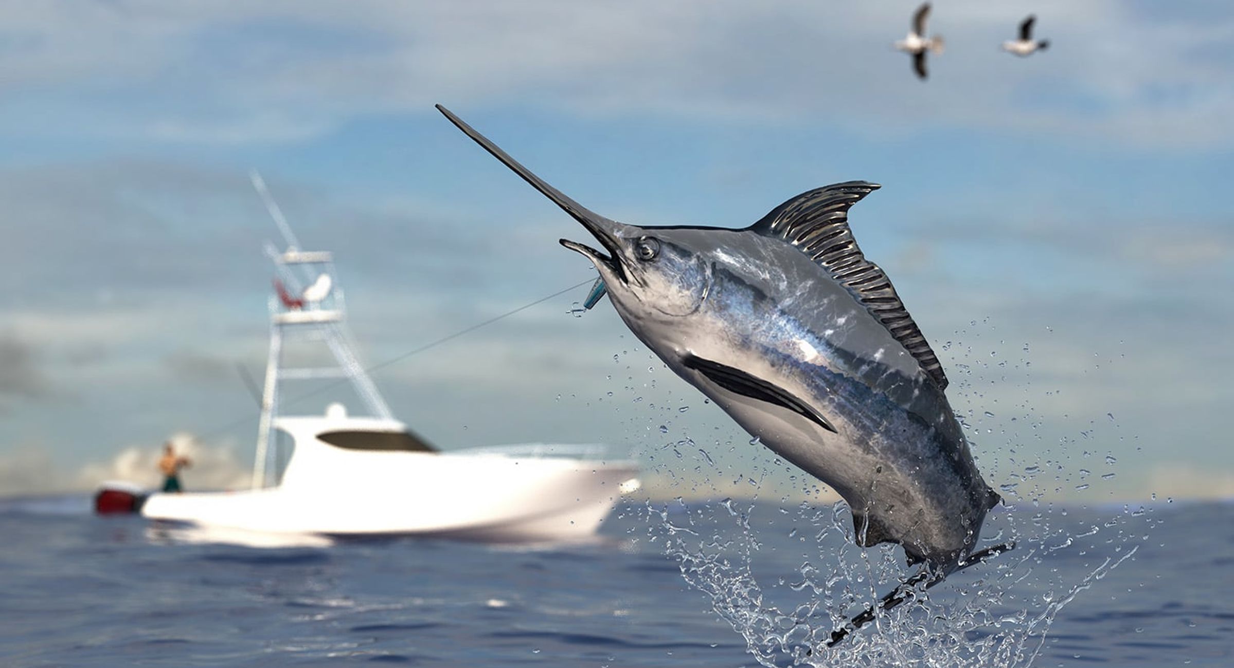 Big game fishing time, big swordfish marlin jumped hooked by sport fishing angler, fishing boat d render
