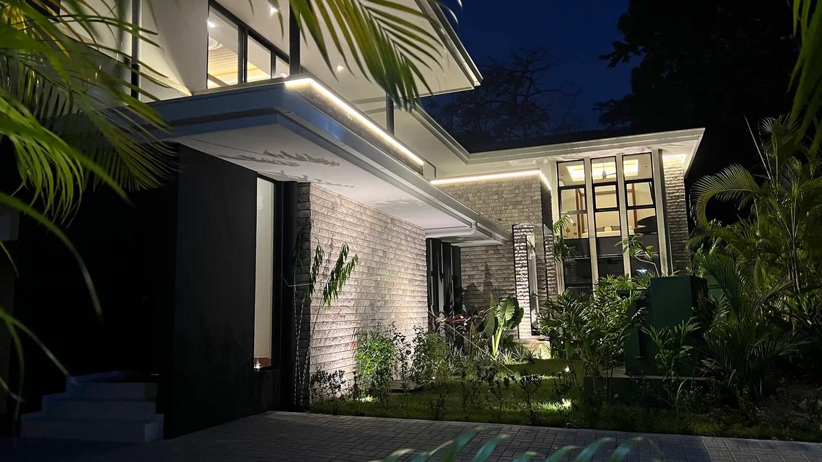 Palms frame the stone walls and lit eaves of Villa de Grace at night