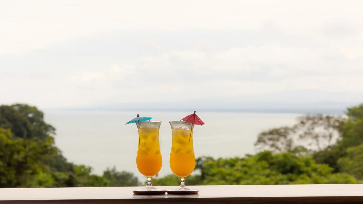 Two tropical drinks with paper umbrellas on a Villa Caimito railing overlooking the sea