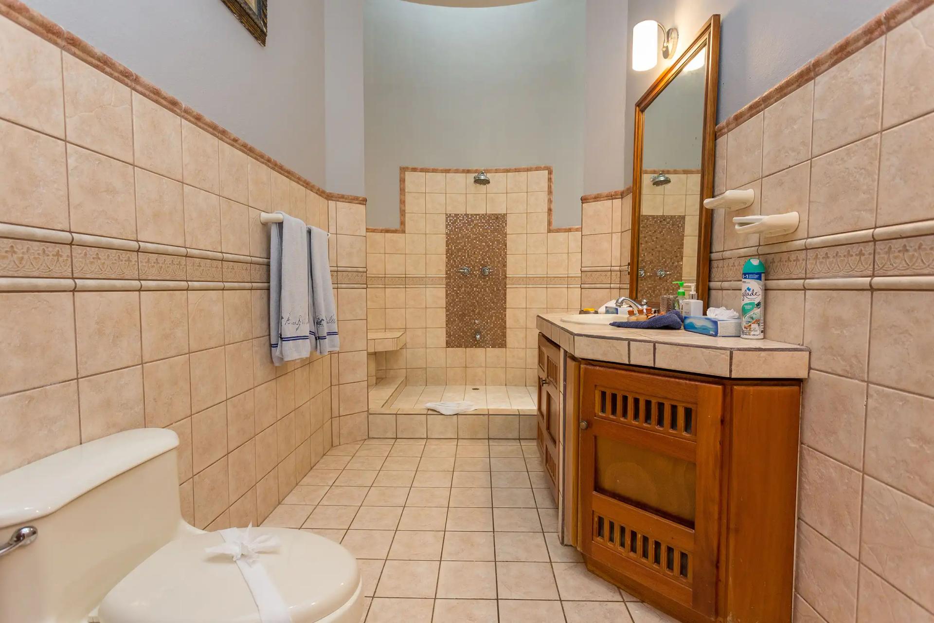 Tiled bathroom at Casa Pura Paz with walk in shower and carved wood vanity