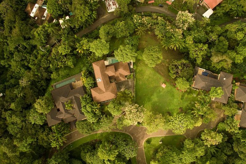Overhead drone view of Casa Contee rooftops and lawn surrounded by rainforest