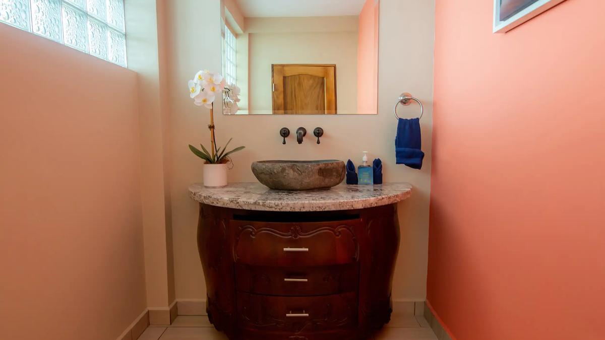 Casa Mariposa powder room with stone vessel sink and carved wood vanity