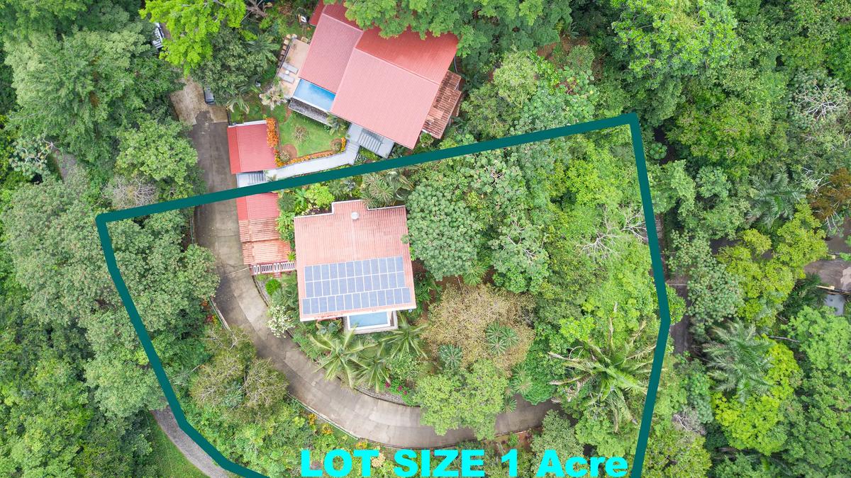 Aerial view outlining the one acre jungle lot around Casa Serenidad