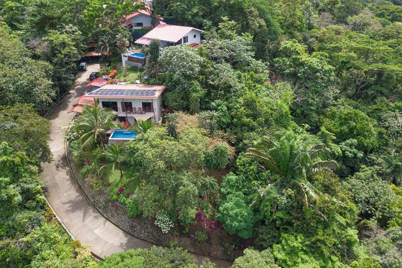 Aerial view of Casa Serenidad on a forested hillside with neighboring villas