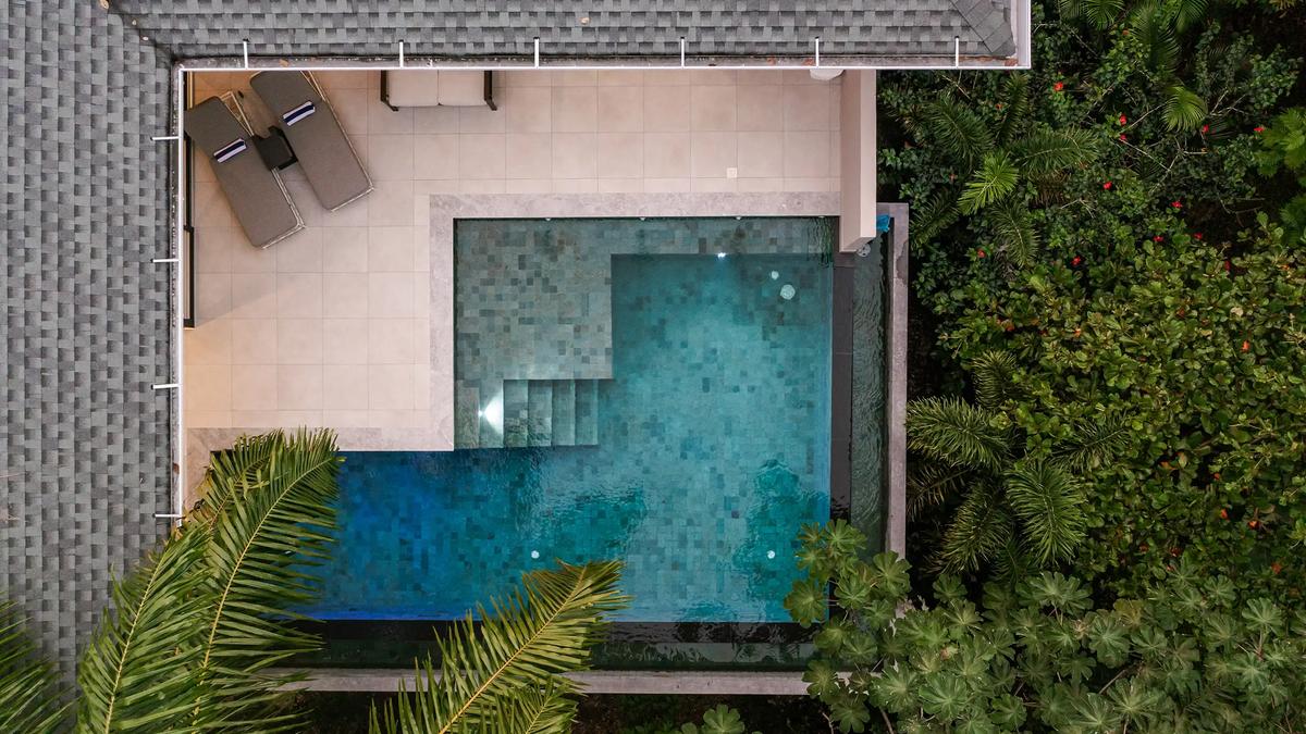 Overhead view of Casa Blue Marlin's pool, sun deck, and surrounding jungle