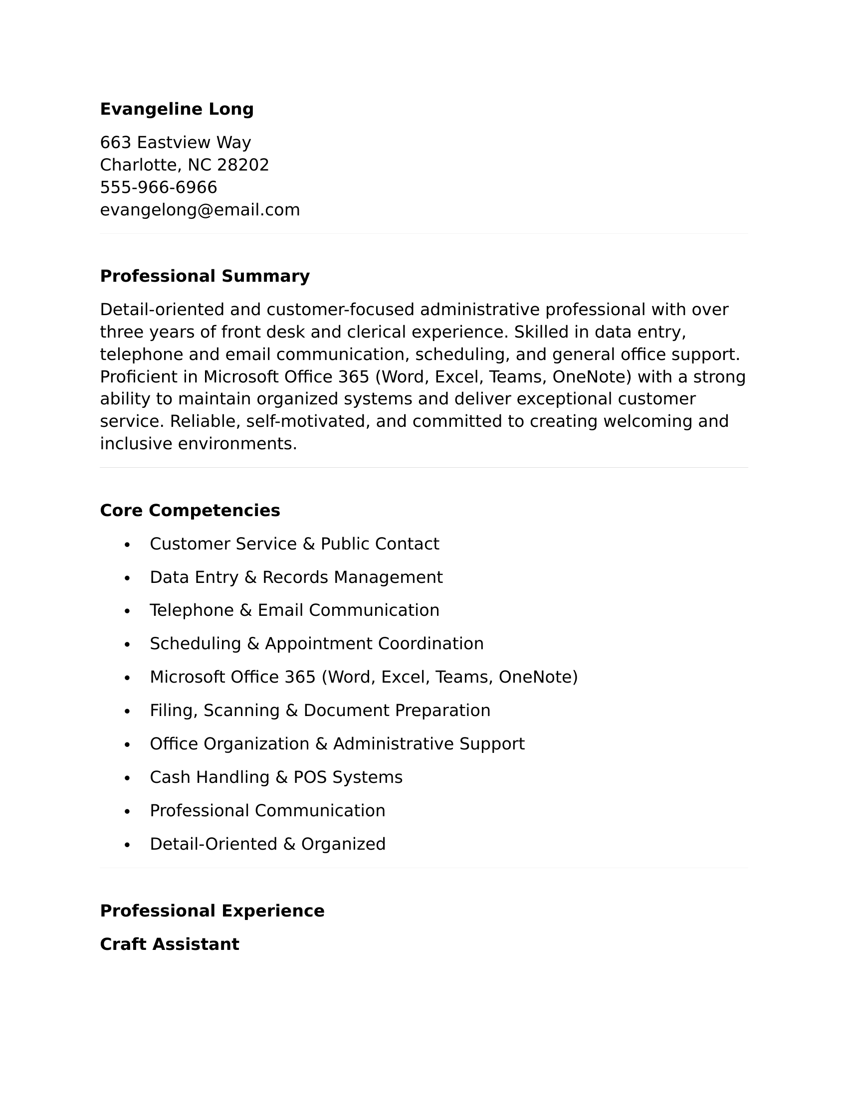 ChatGPT resume output for Evangeline Long