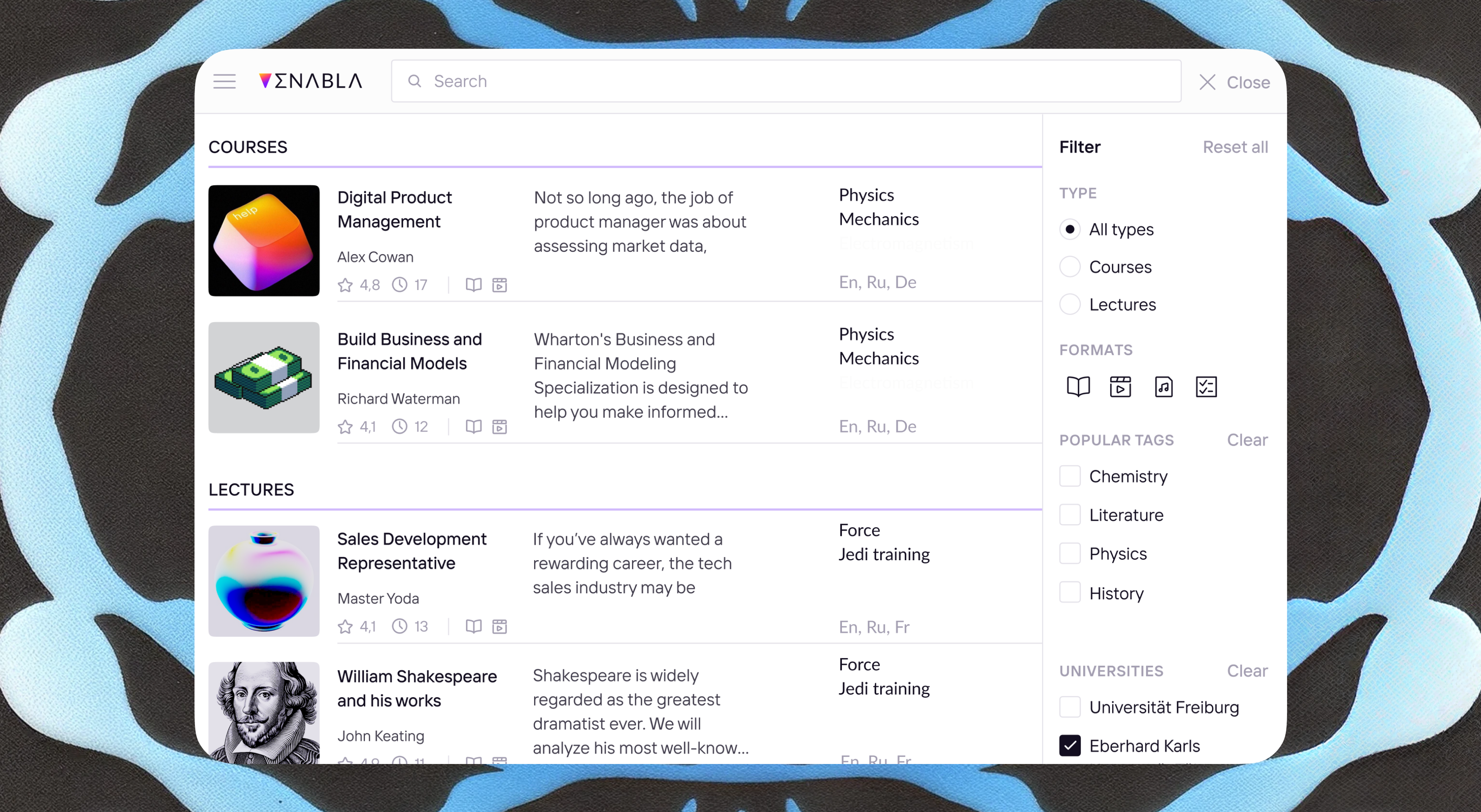 Enabla catalogue of courses and lectures with filters by type, format and university