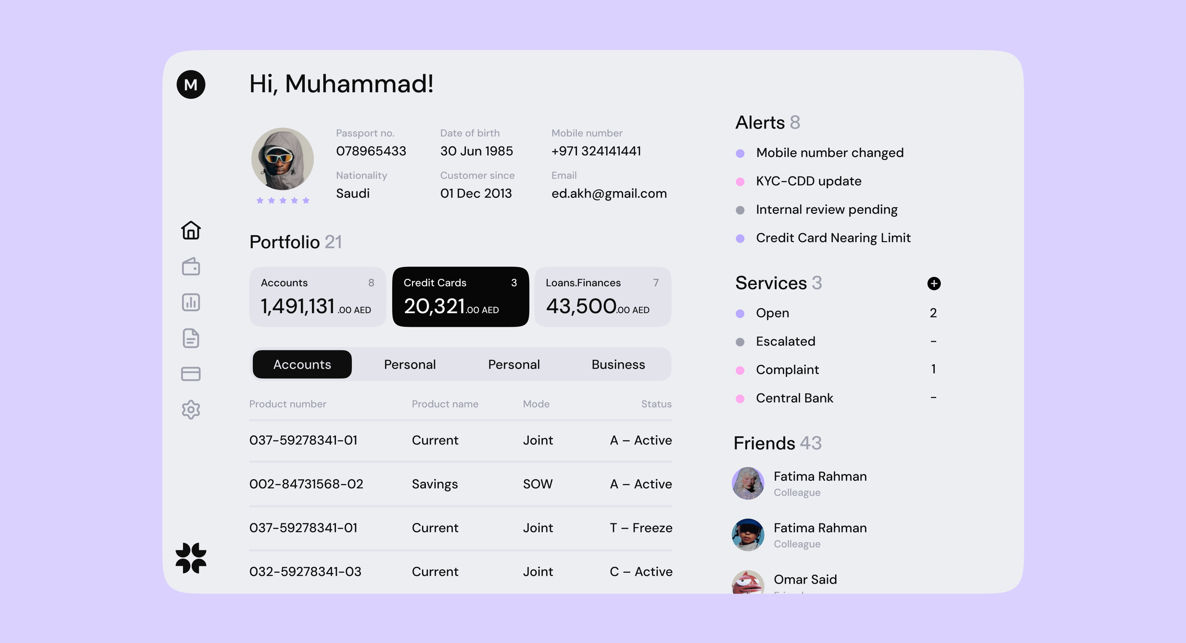 Bank 3.0 profile screen with portfolio, alerts and services
