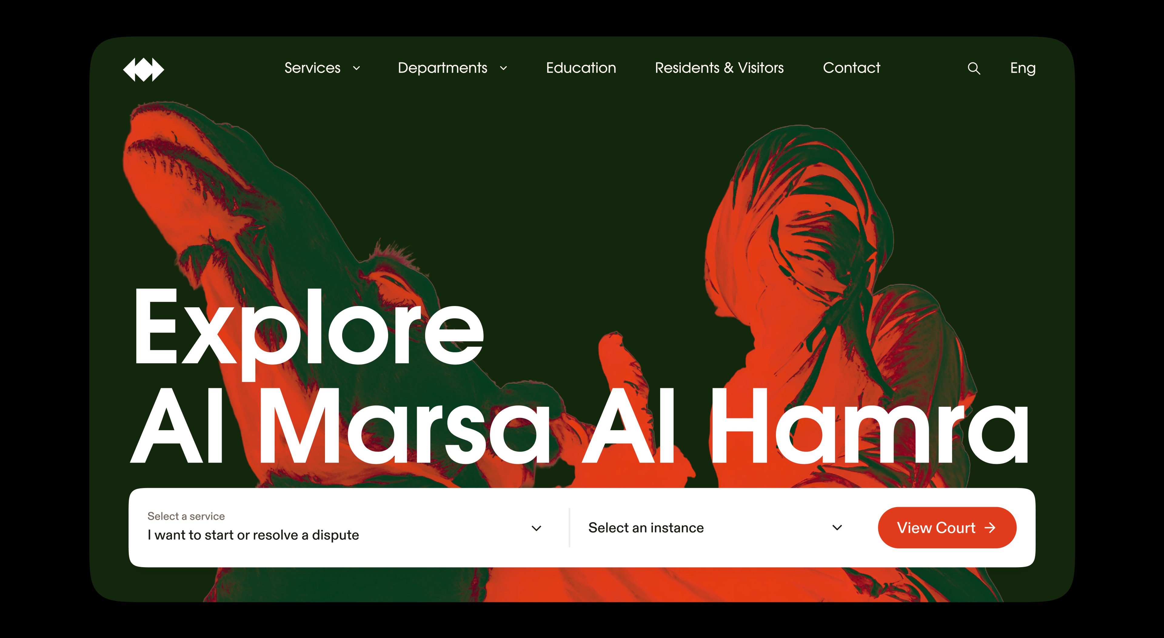 “Explore Al Marsa Al Hamra” government portal hero with a service search