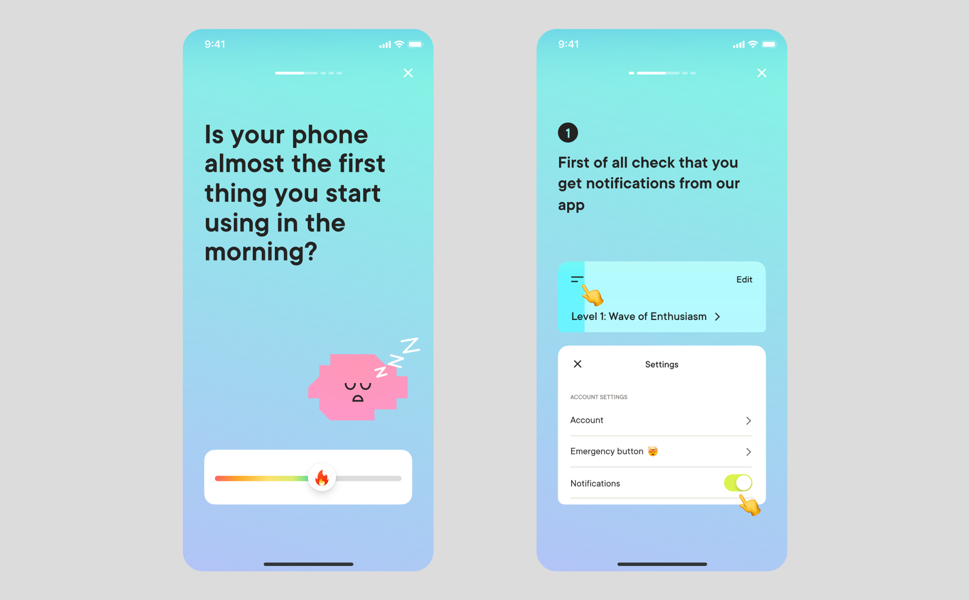 Onboarding and notifications screens