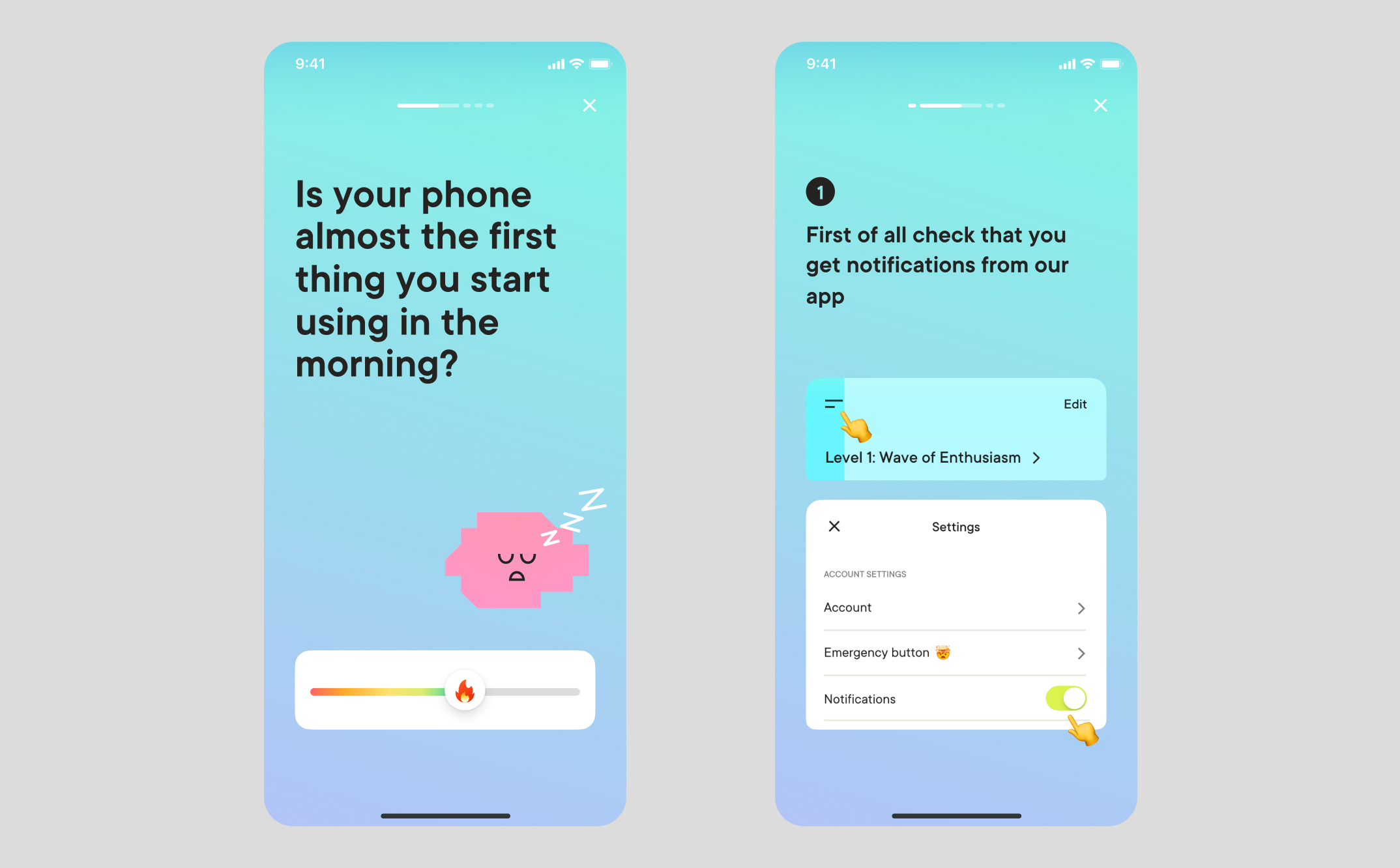 Onboarding and notifications screens