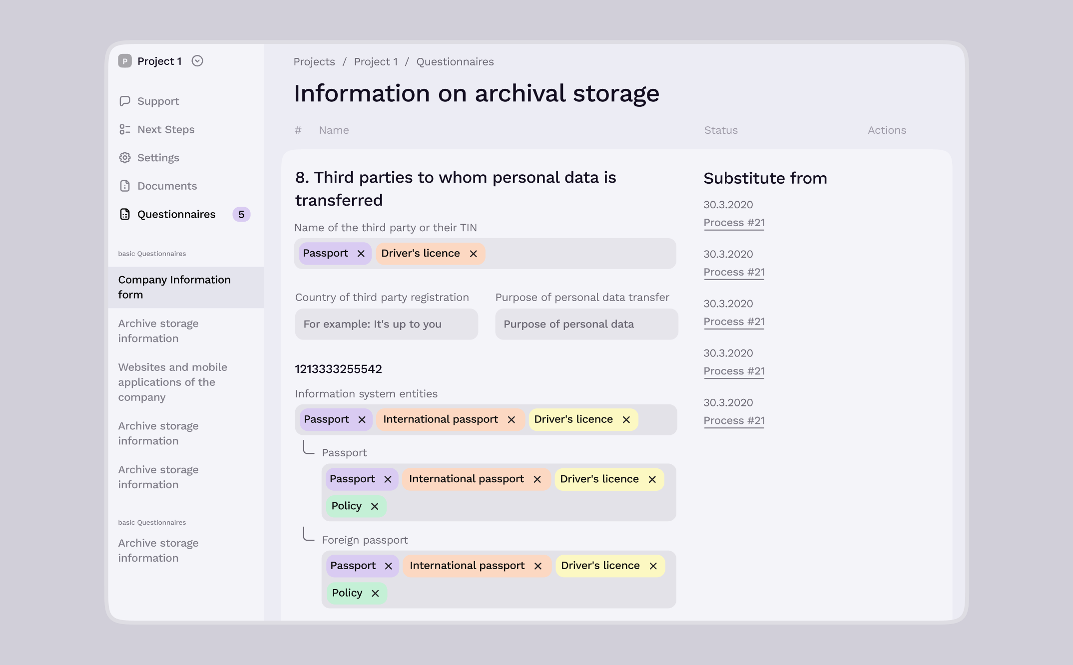 Information on archival storage form