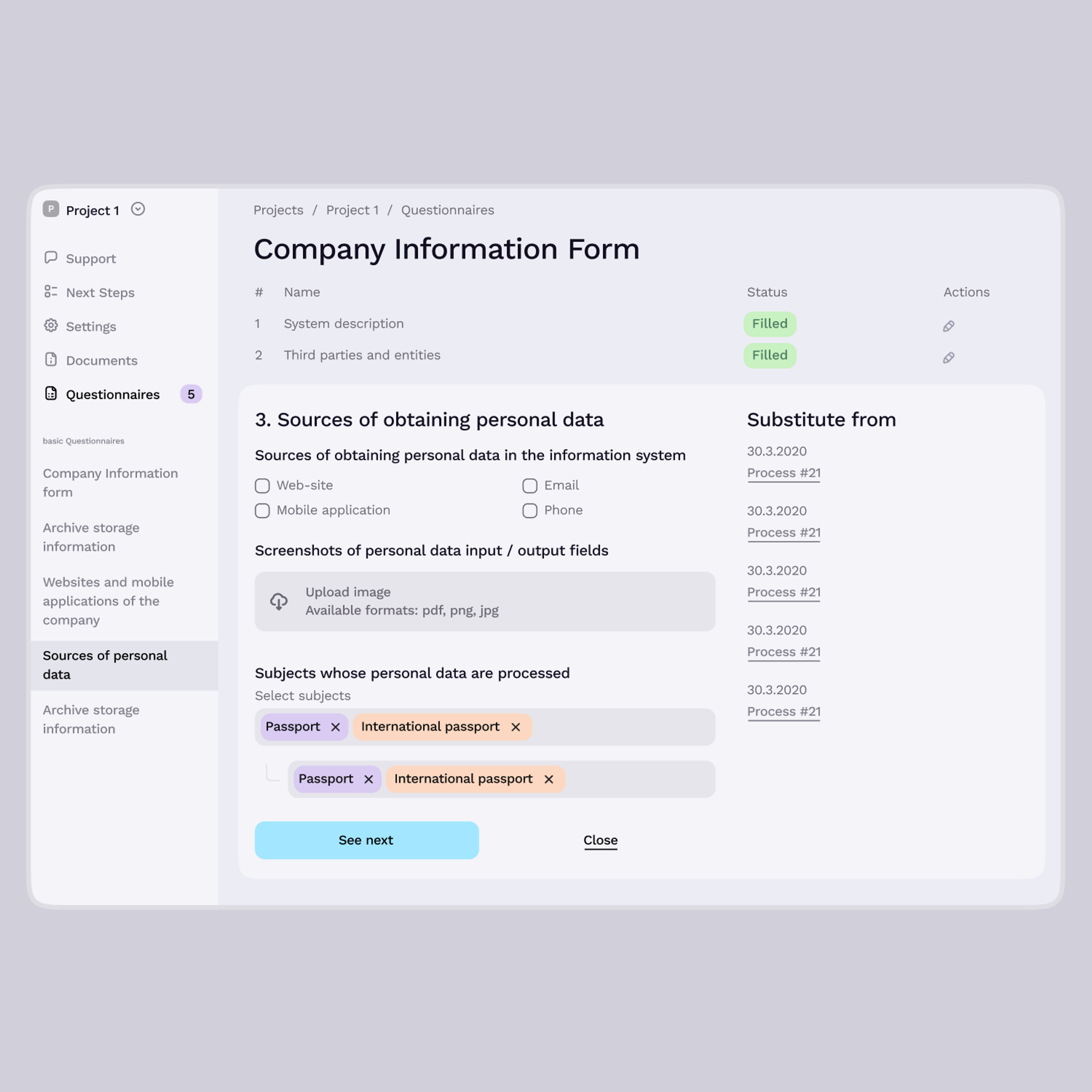 Company information form: sources of personal data