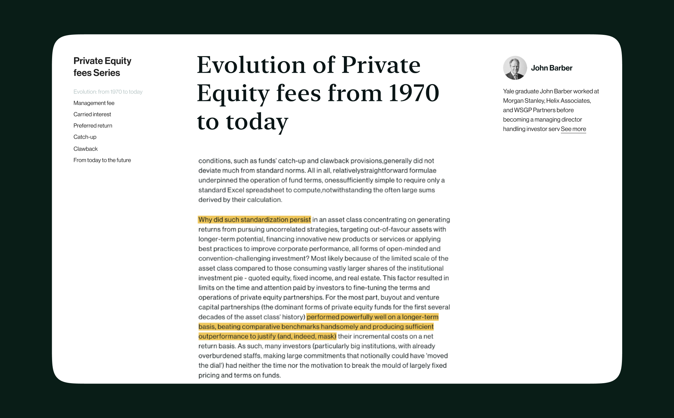 Article page: Evolution of private equity fees from 1970 to today
