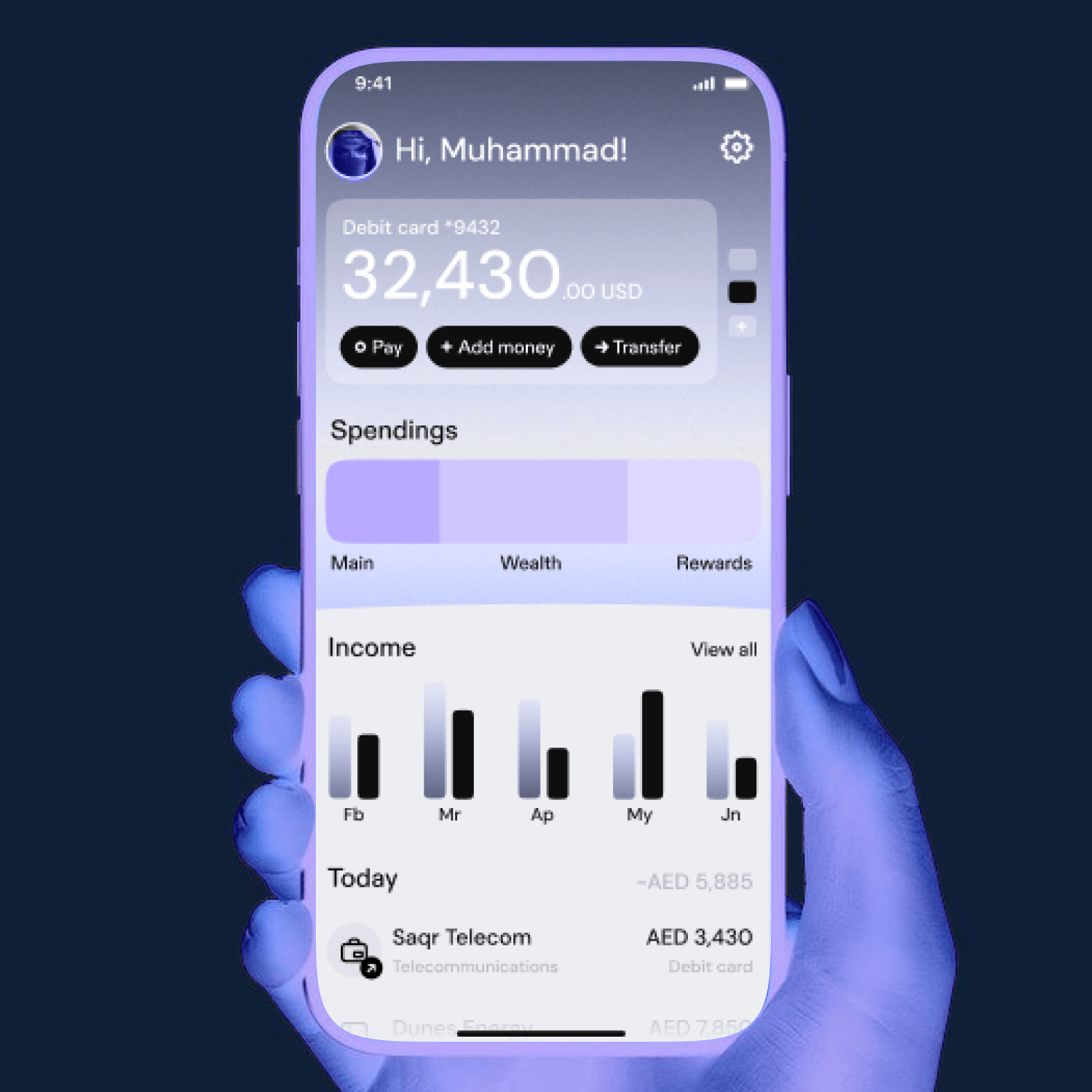 Bank 3.0 mobile app spendings screen held in a hand