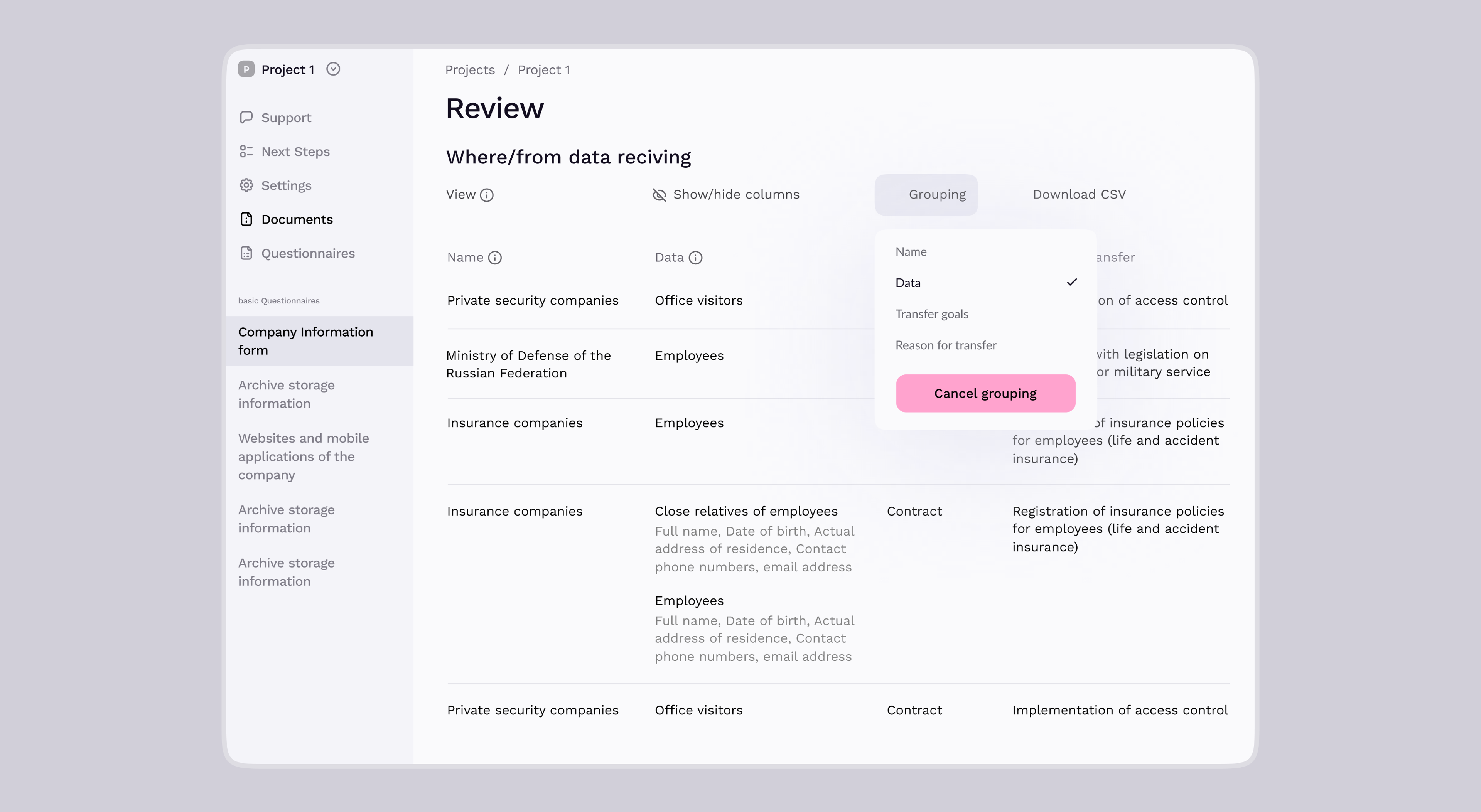 Review screen with data grouped by source
