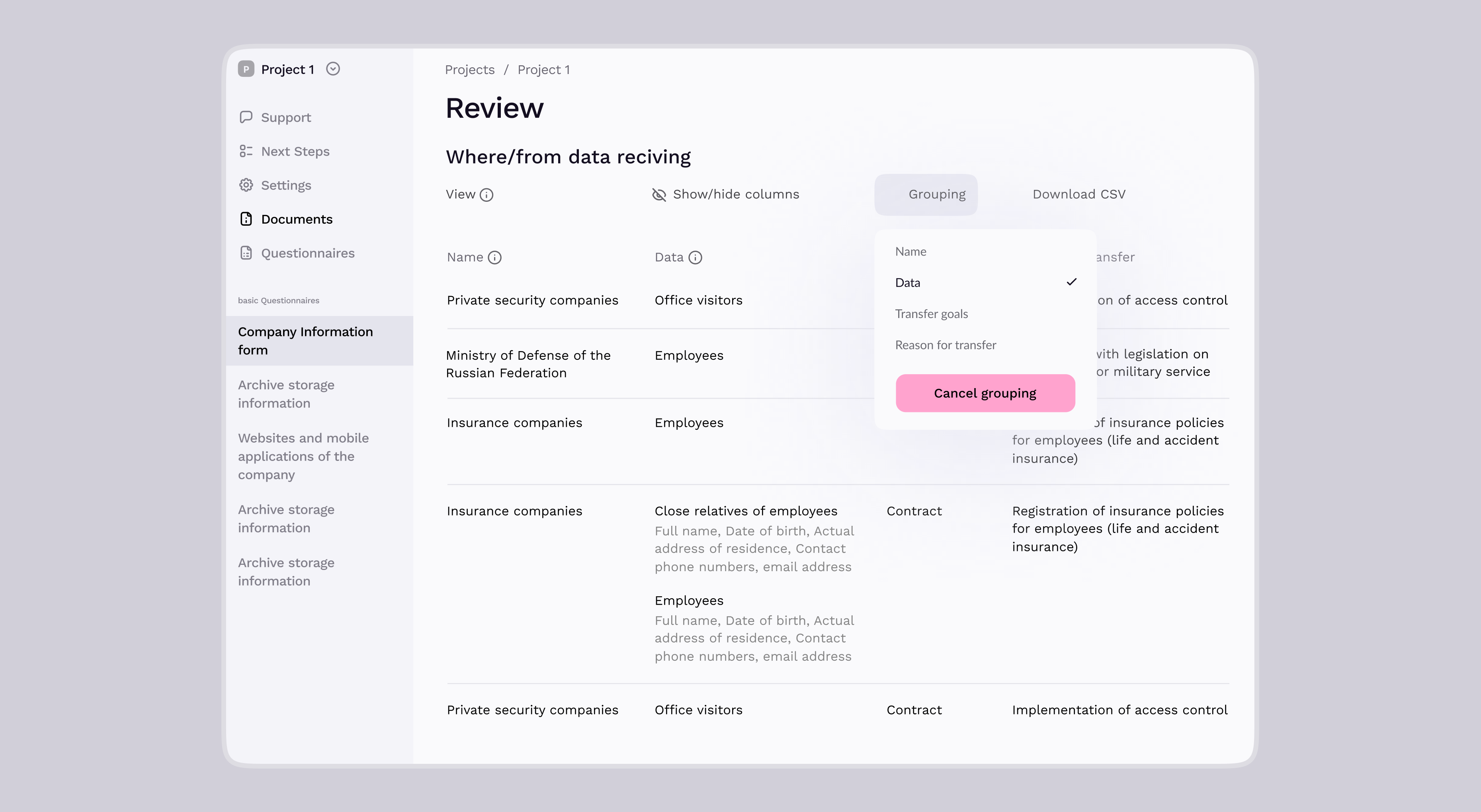 Review screen with data grouped by source