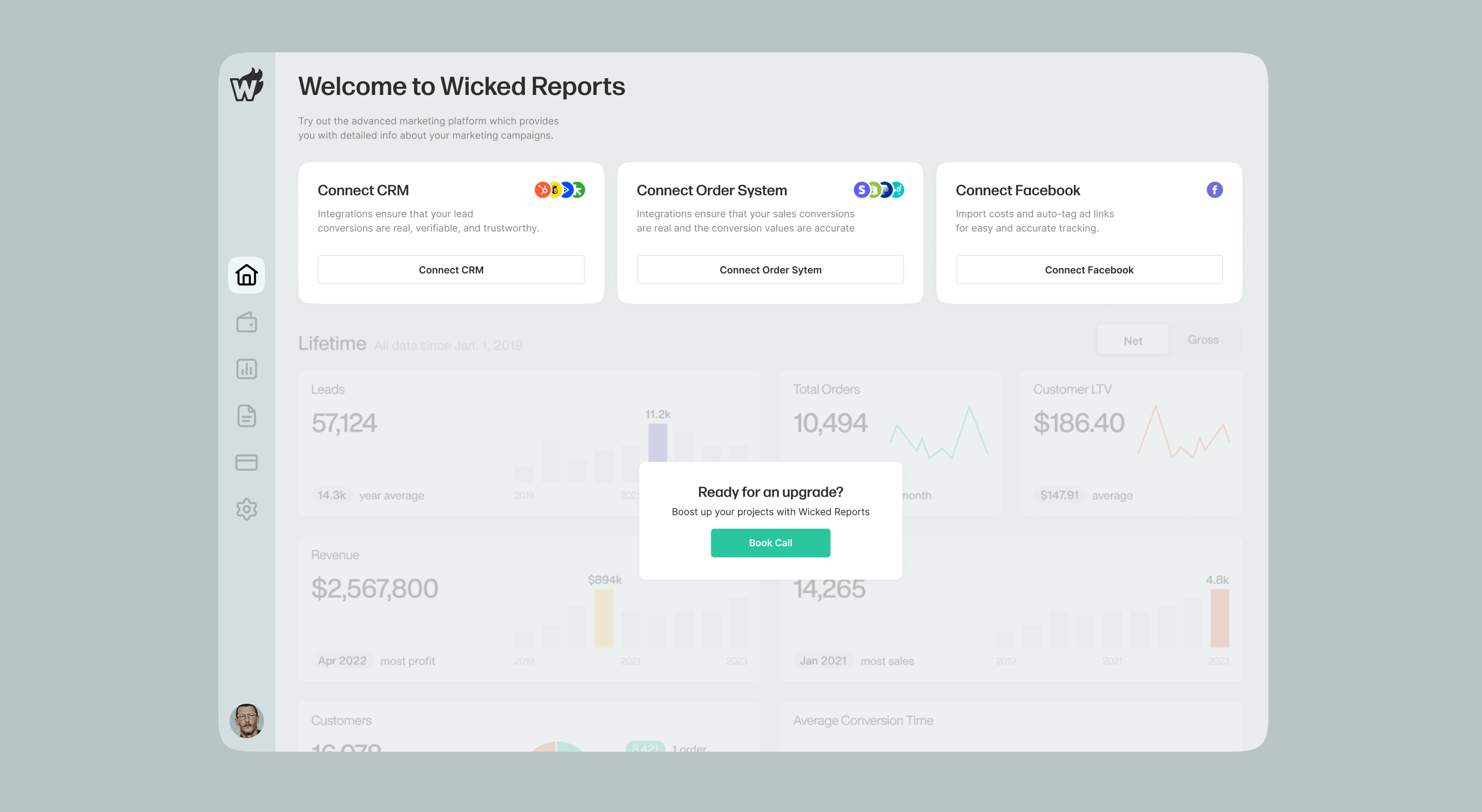 Welcome screen: connect a CRM, an order system and Facebook