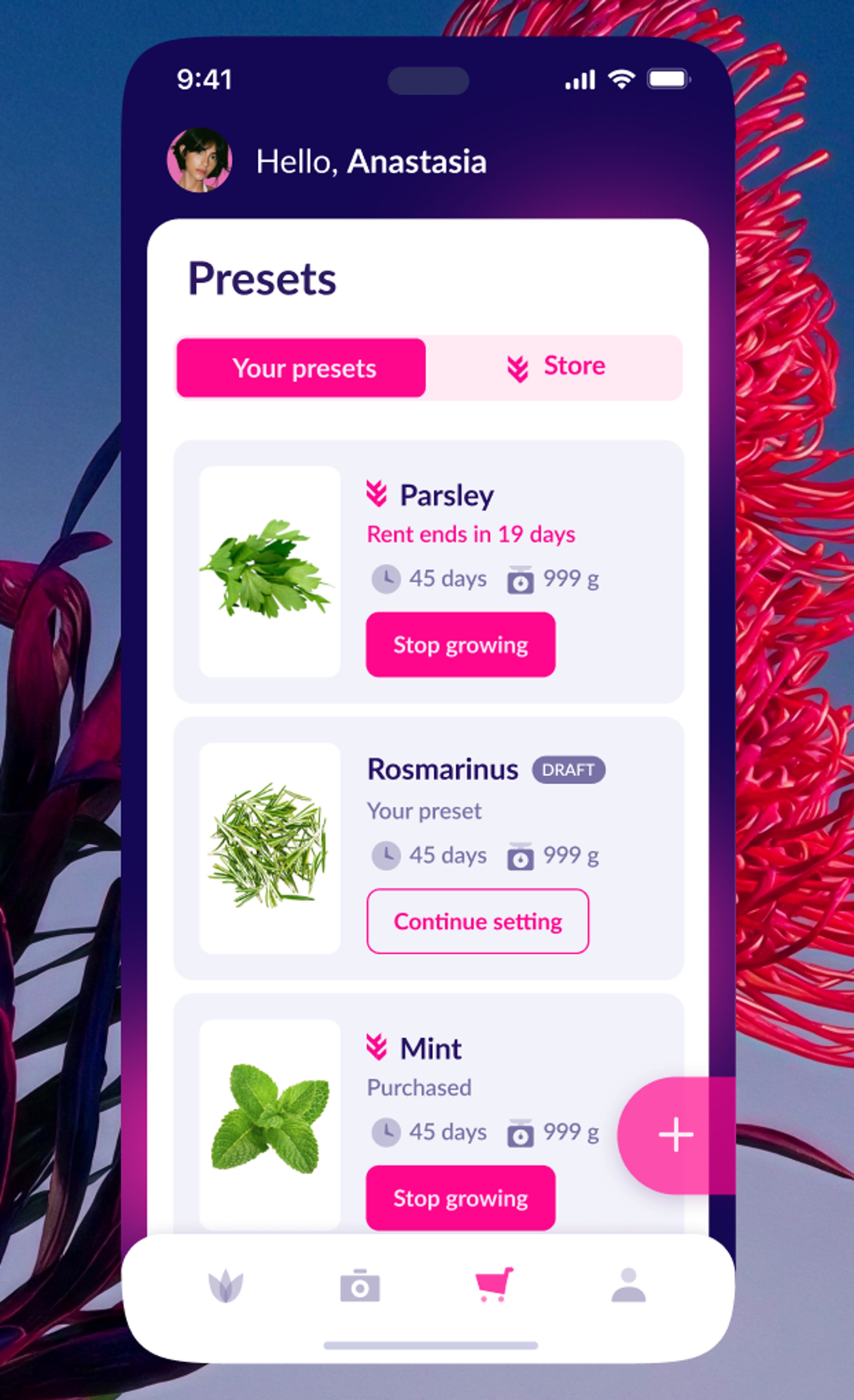 Presets screen on a phone against red flowers