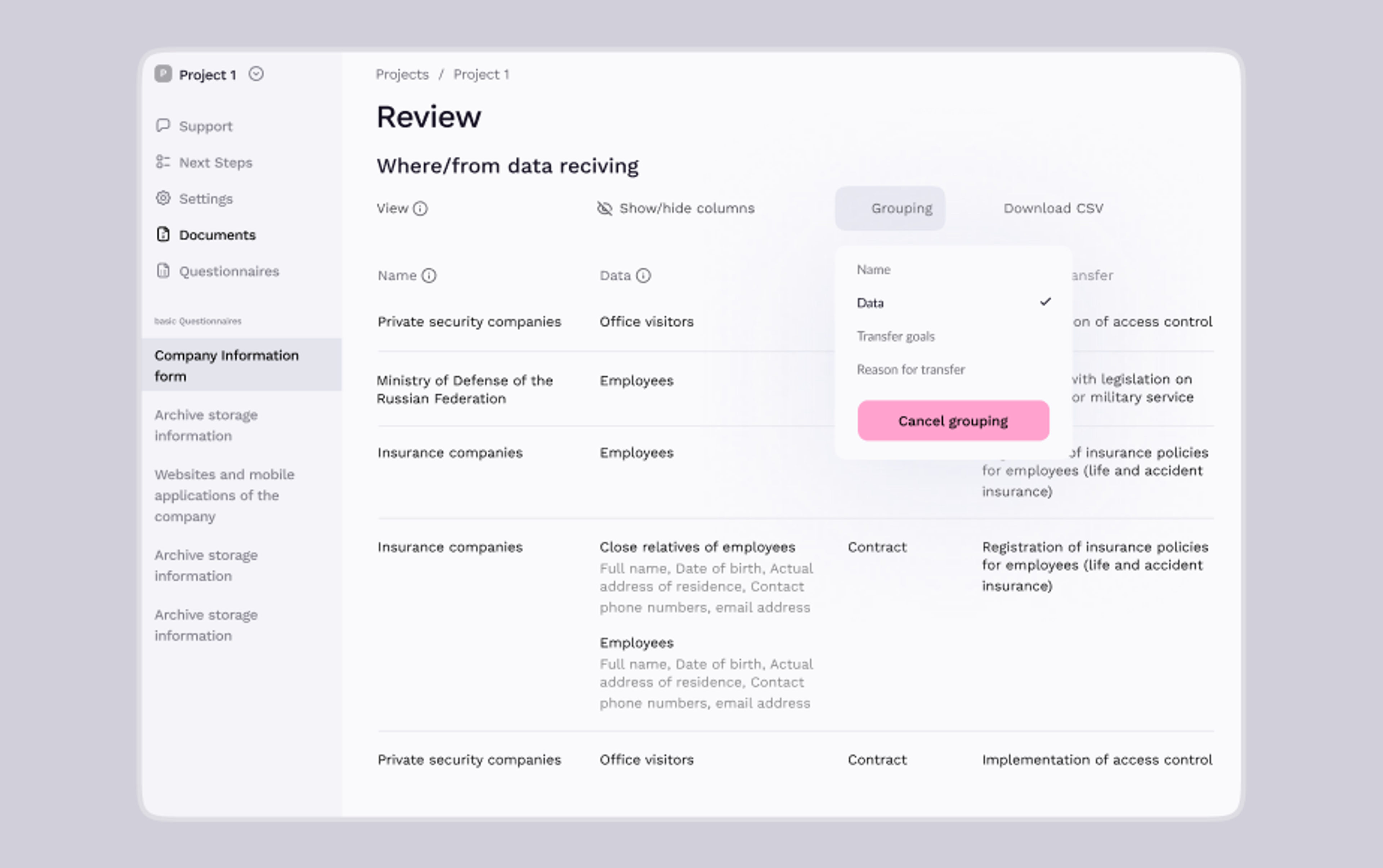 Review screen of the data-protection platform