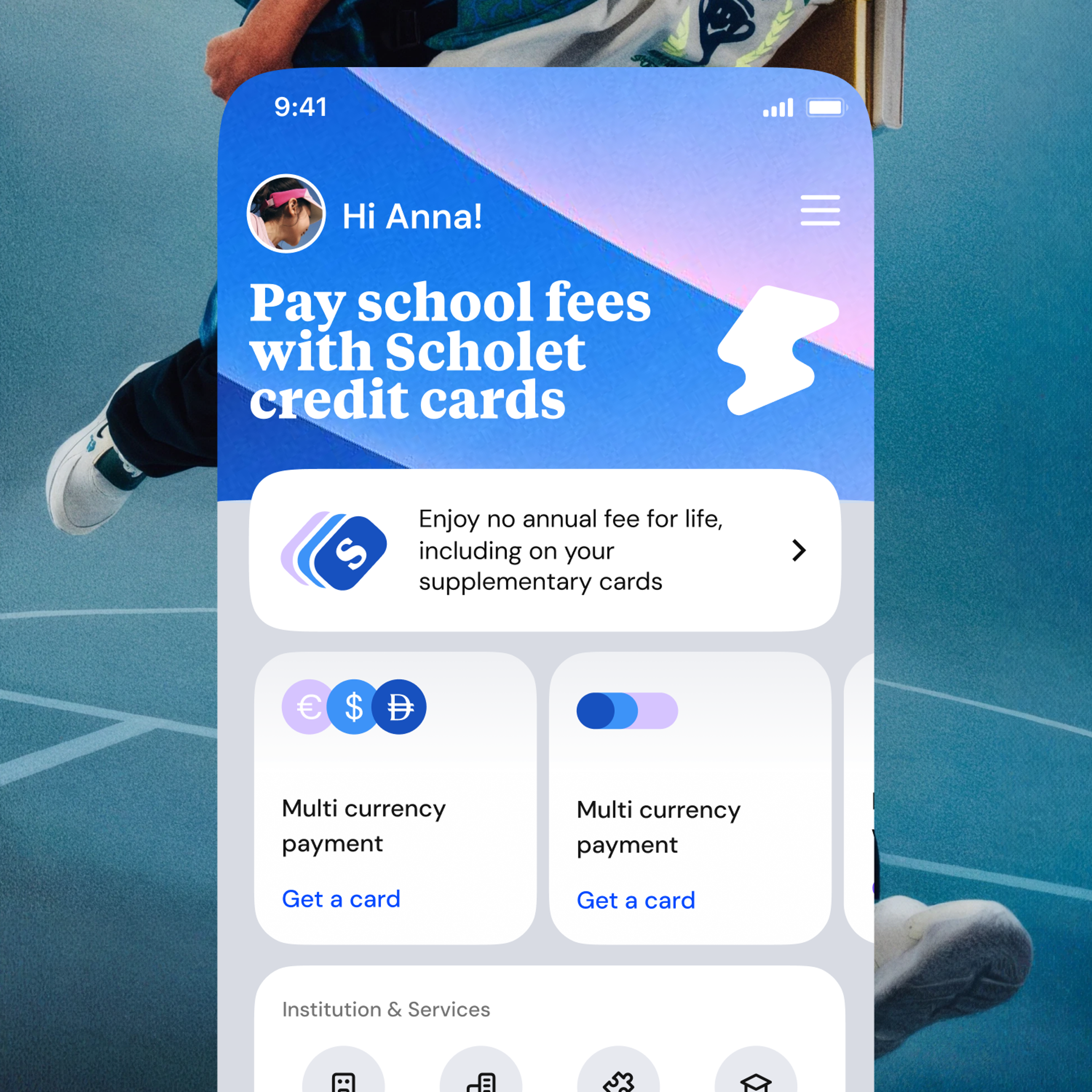 App home screen for paying school fees by credit card in several currencies