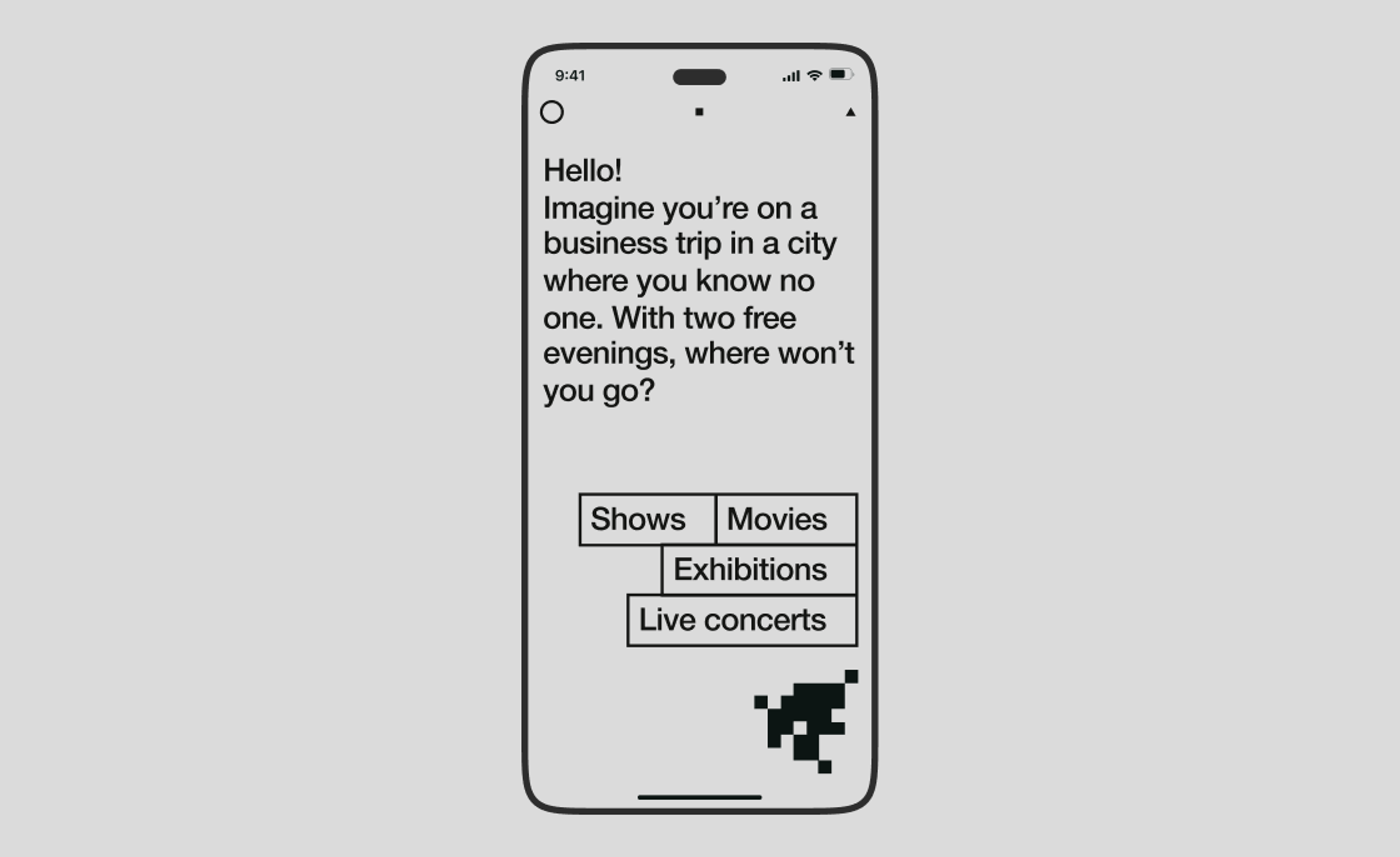 Chat screen suggesting shows, movies, exhibitions and concerts for a free evening