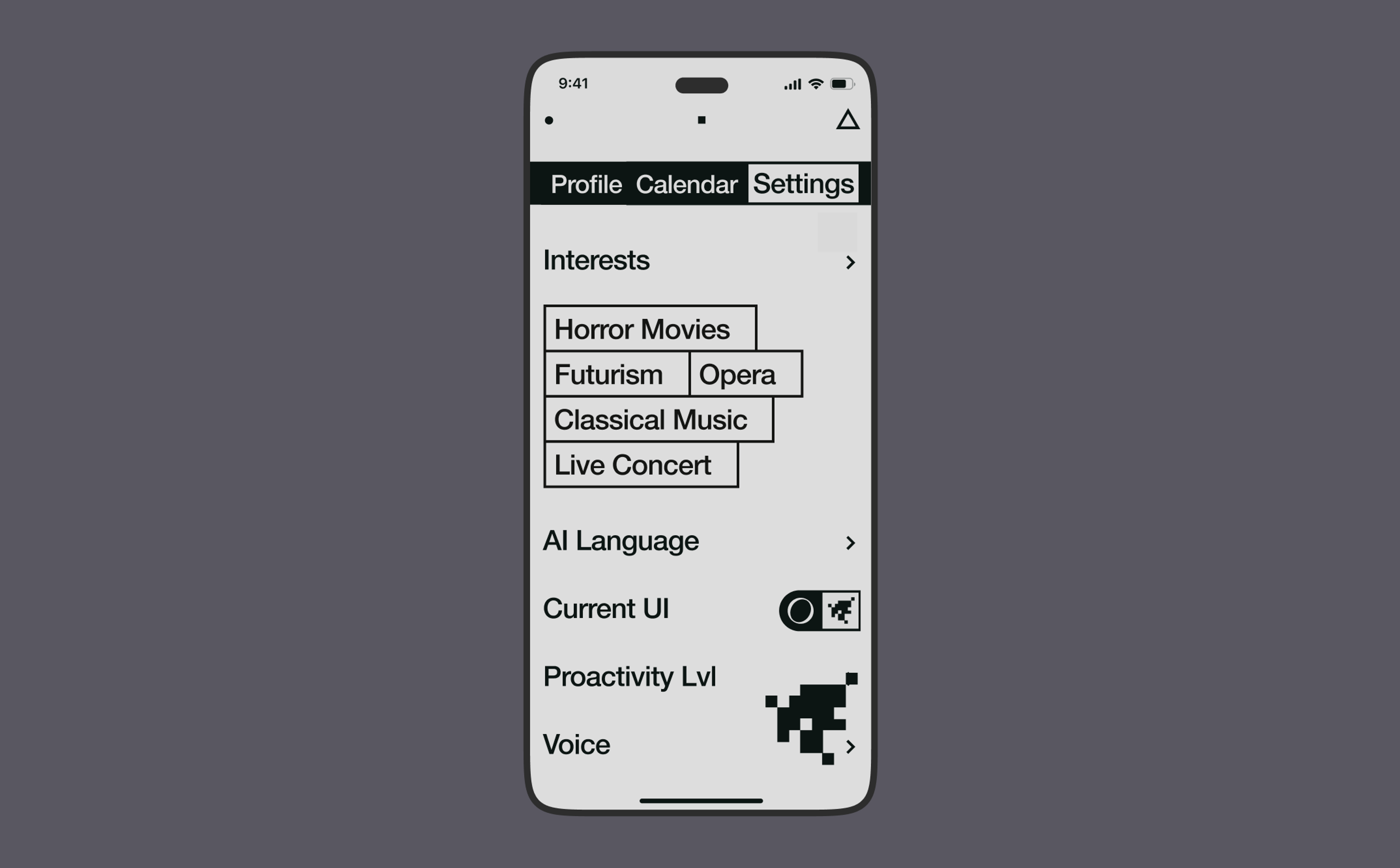 Settings screen with interests and tone of voice