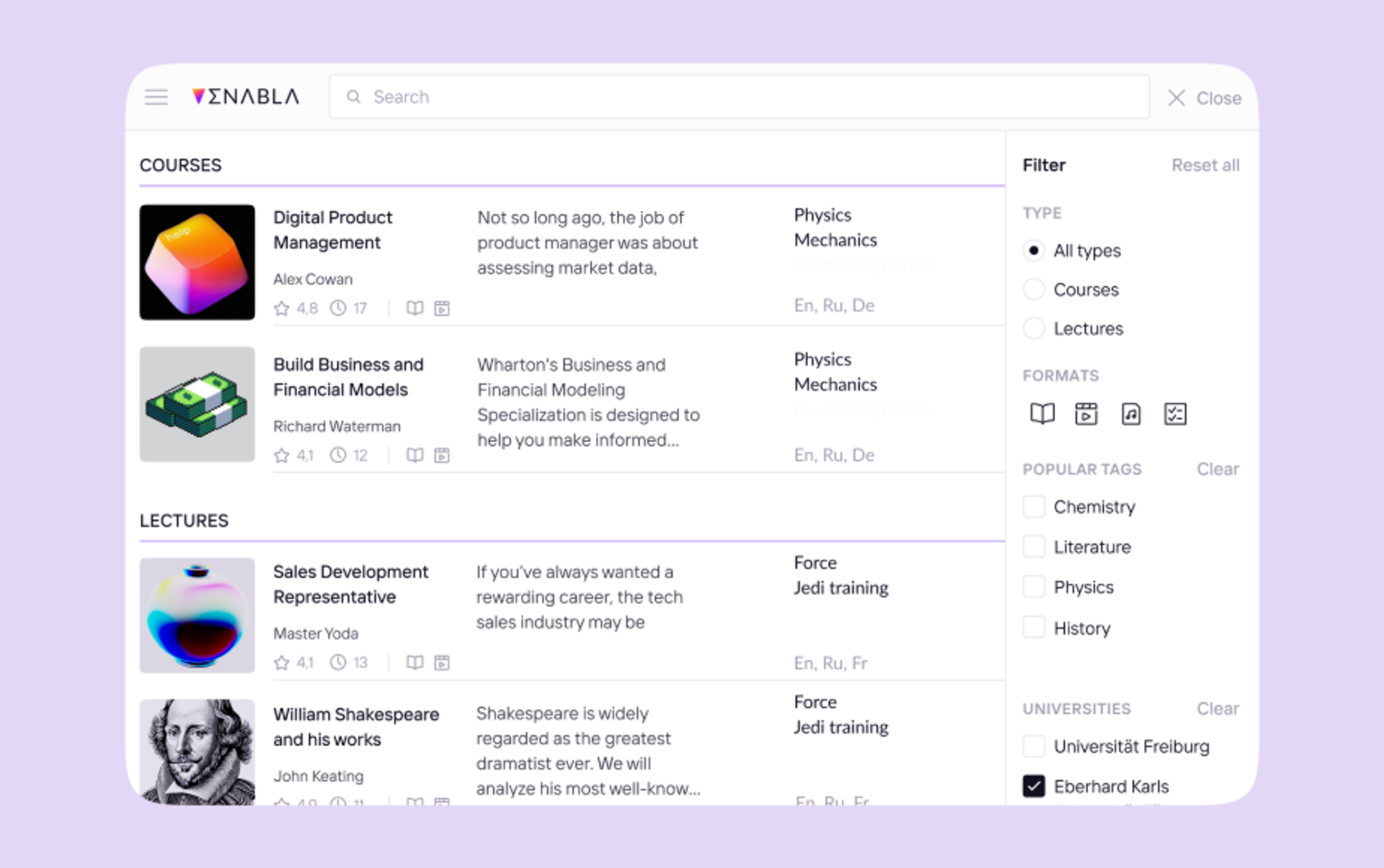 Enabla lecture platform interface