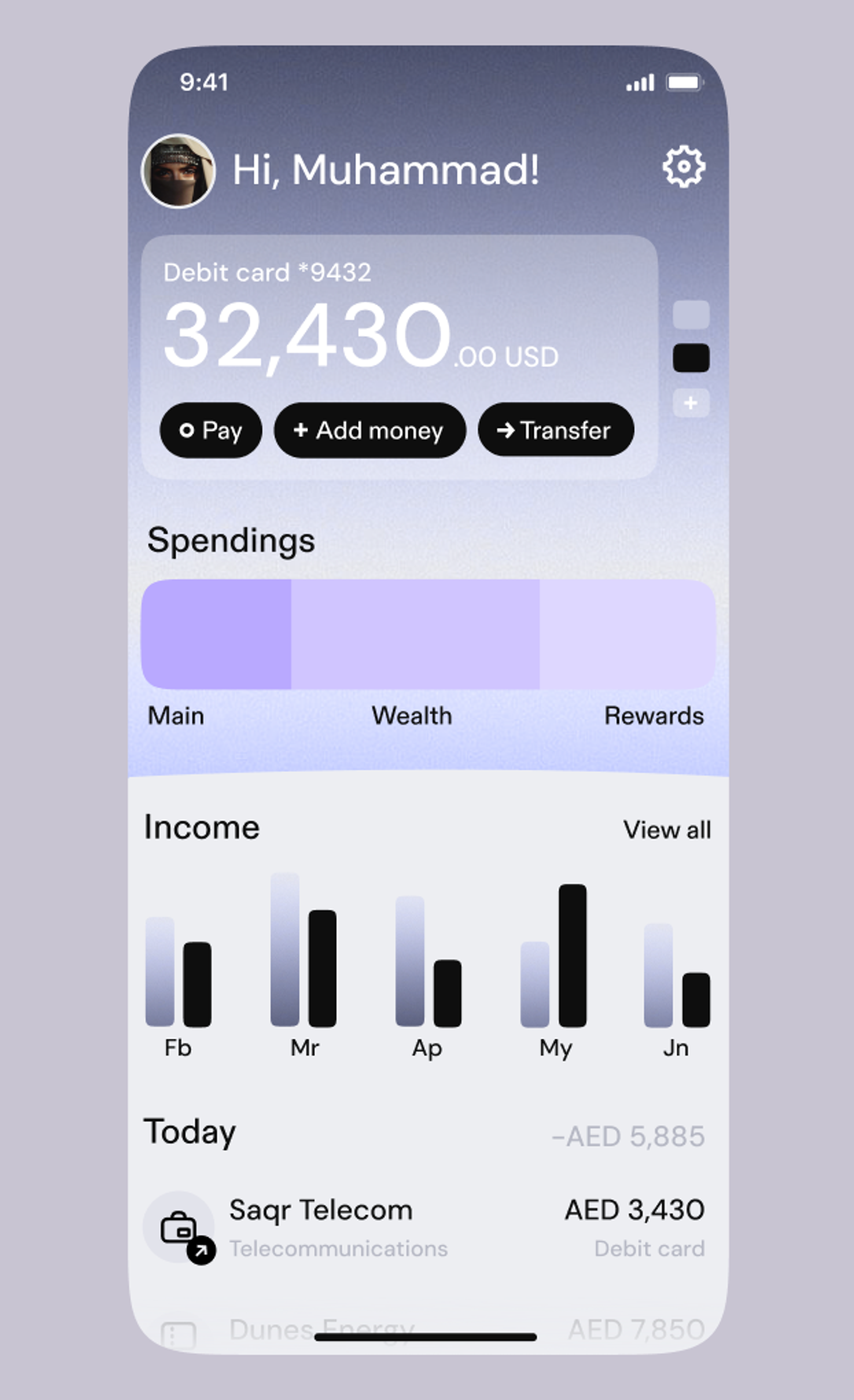 Mobile banking app dashboard