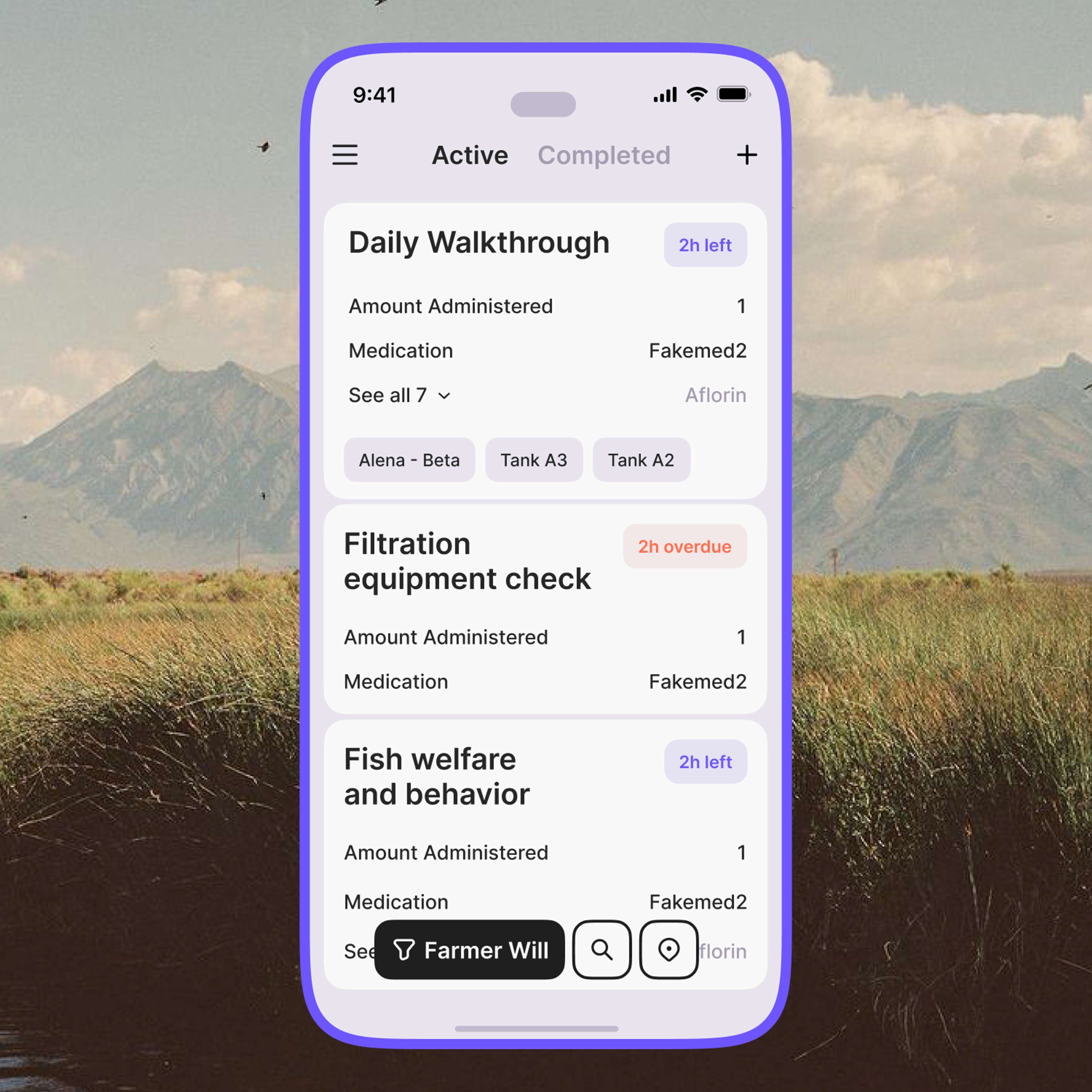 Phone screen listing the day's aquaculture walkthrough tasks over a marsh landscape