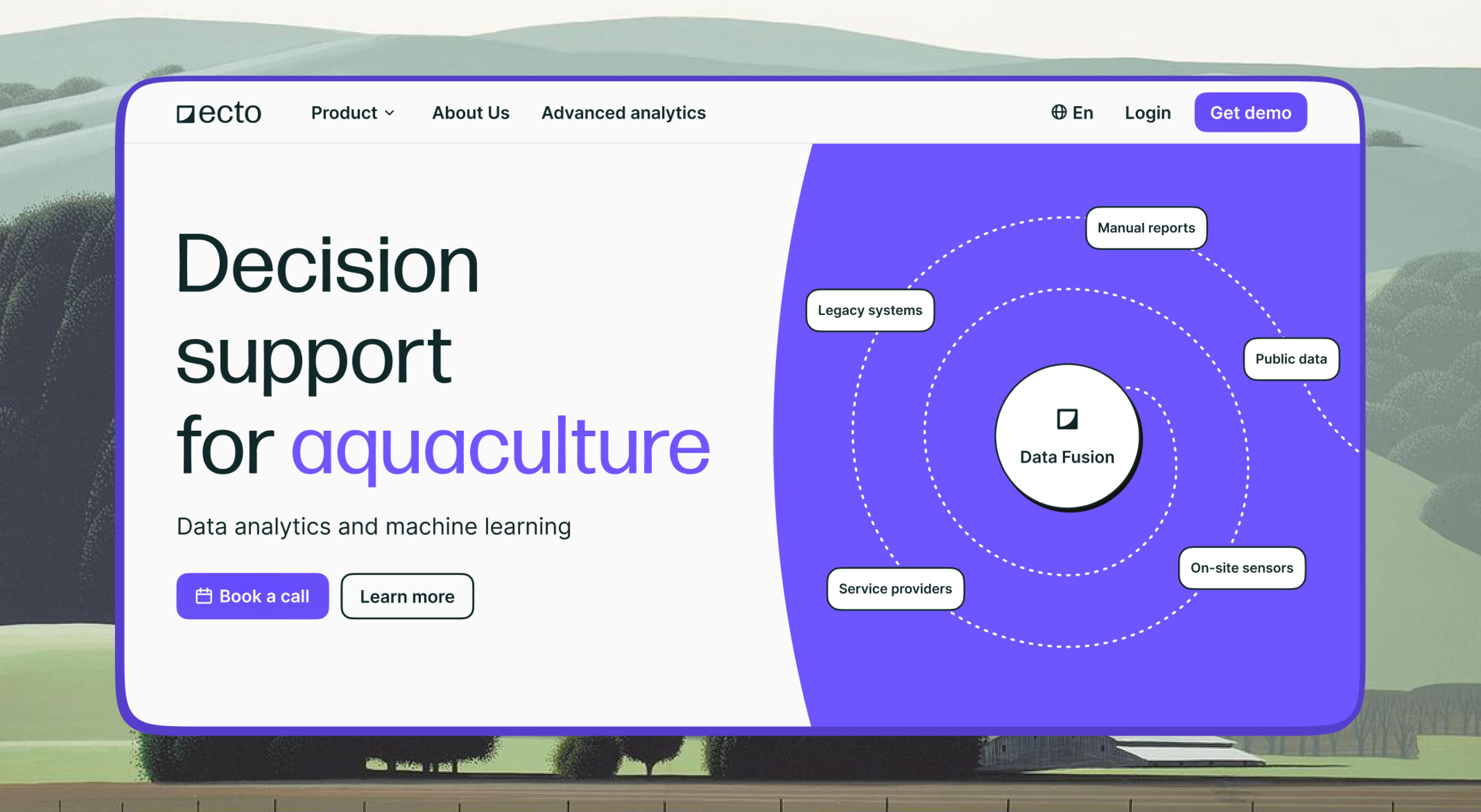 Ecto website hero: “Decision support for aquaculture”, with a data-fusion diagram