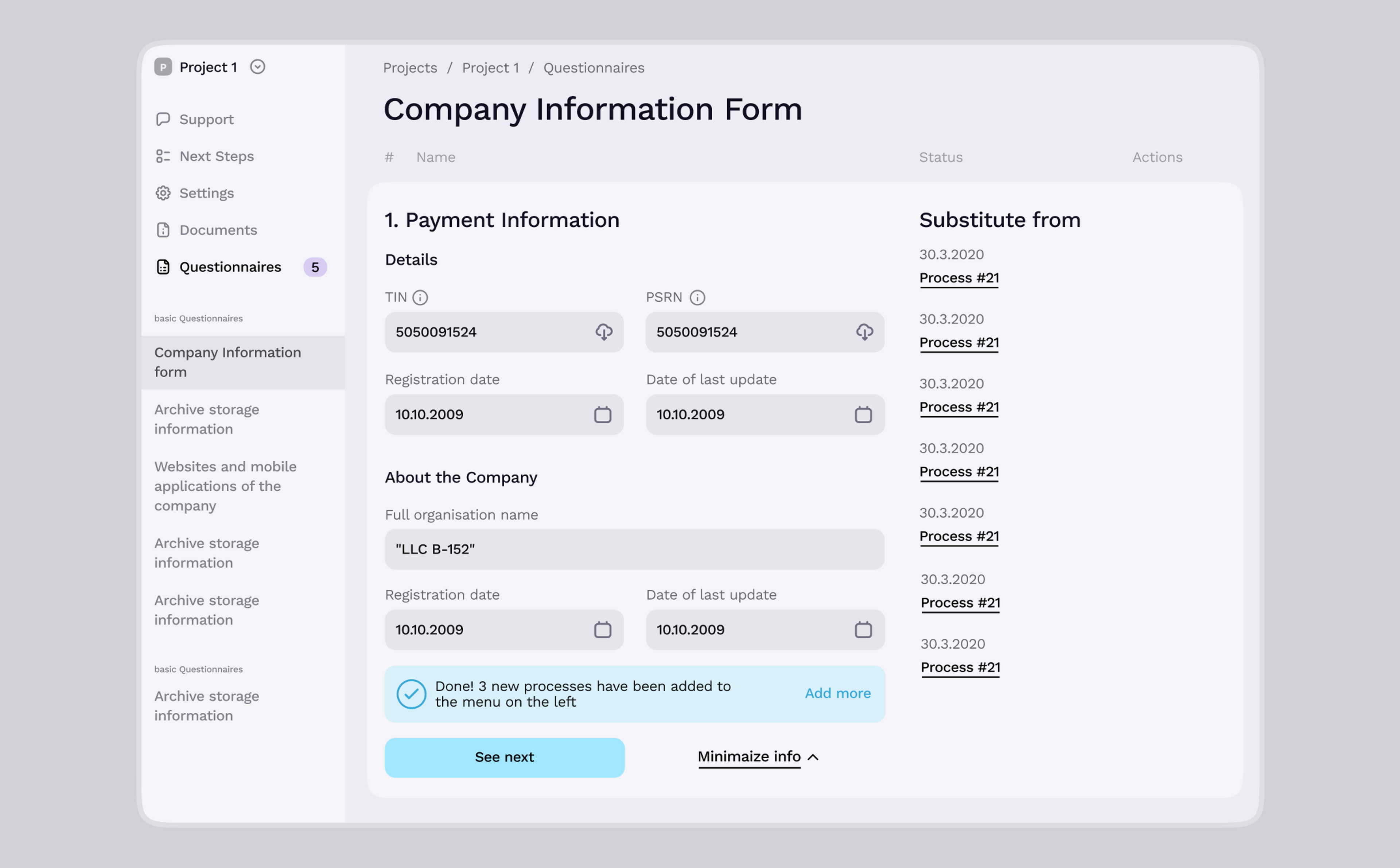 Company information form: payment information