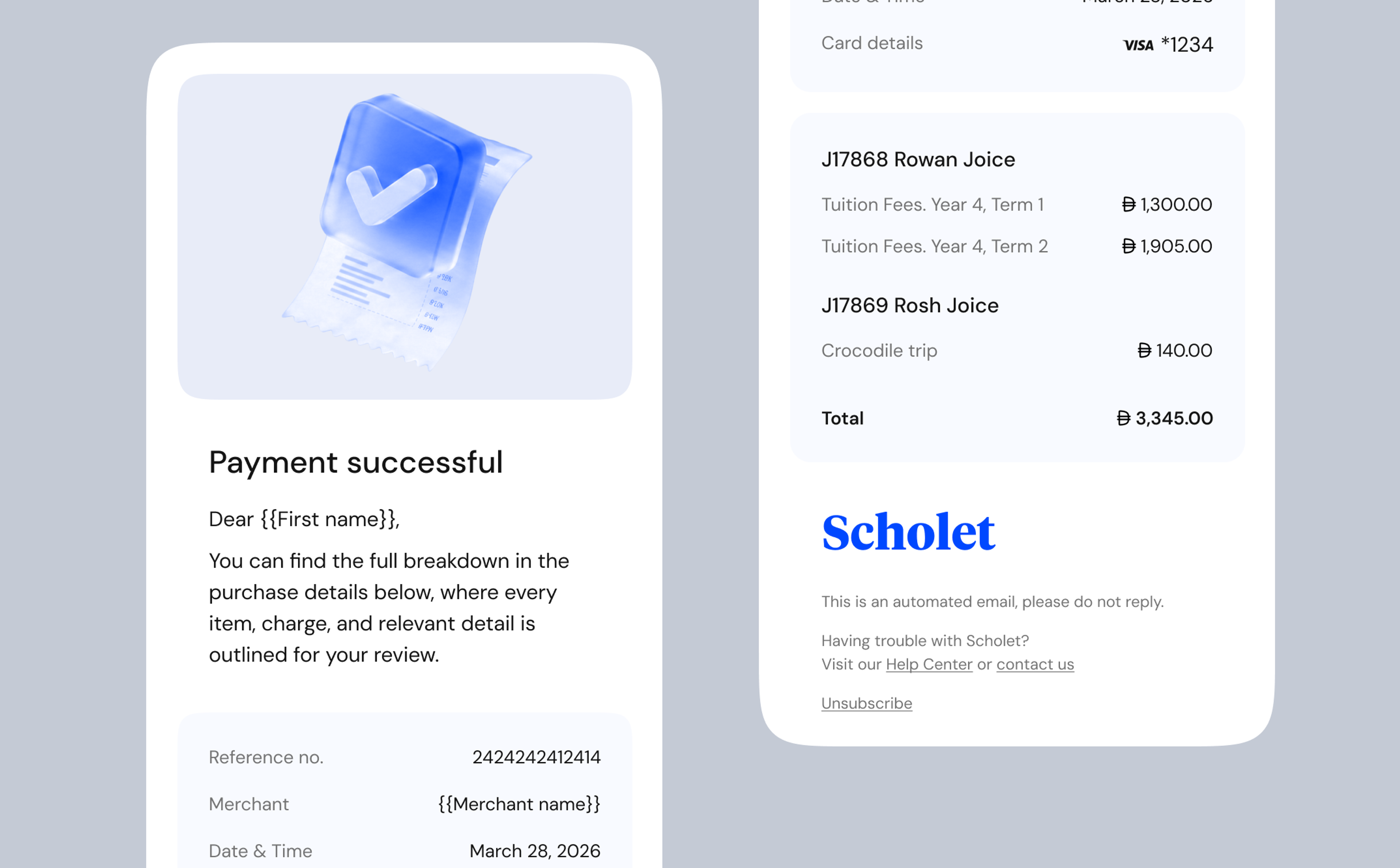 Payment successful email and fee breakdown