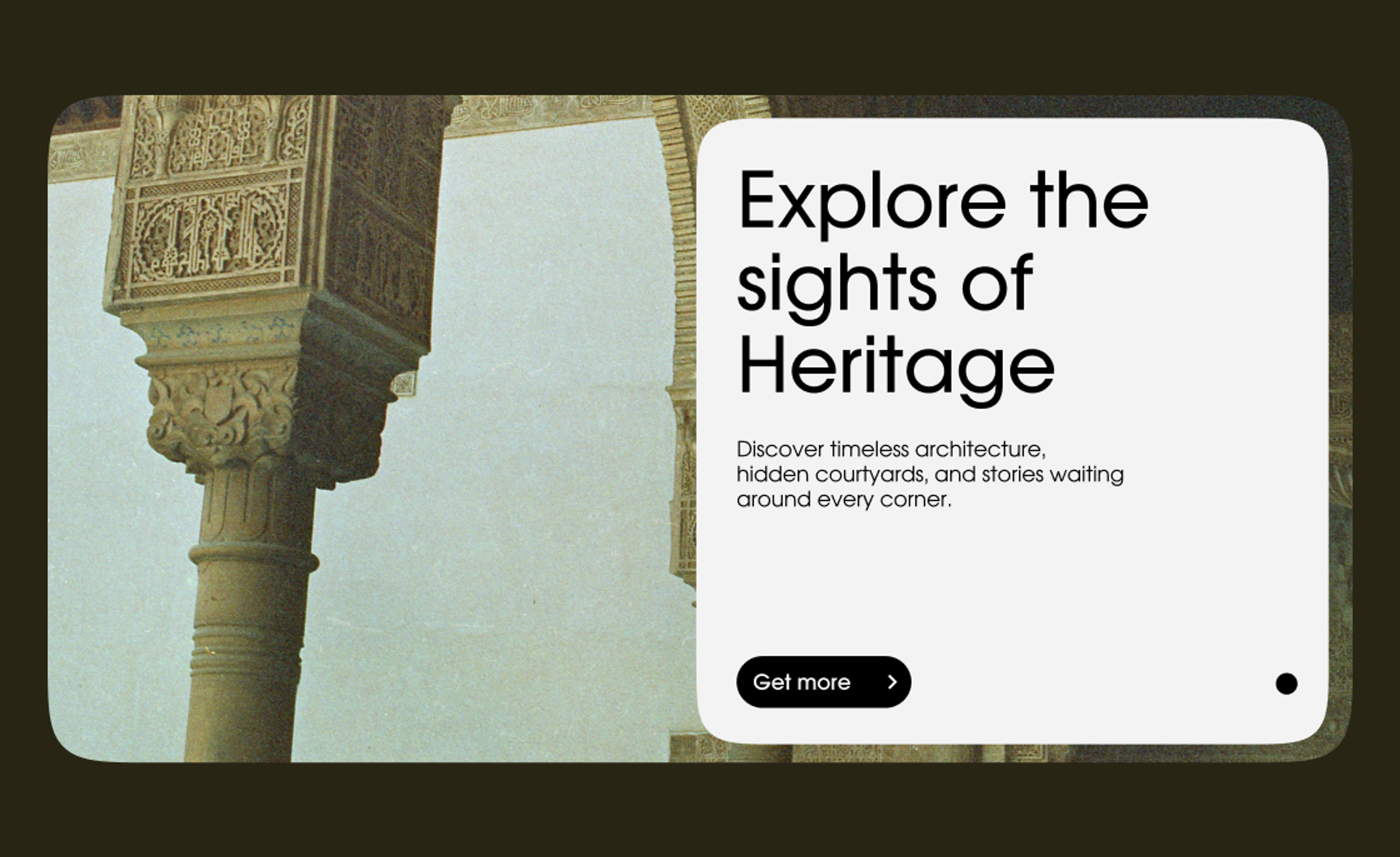 Tablet showing an “Explore the sights” card over a courtyard photograph