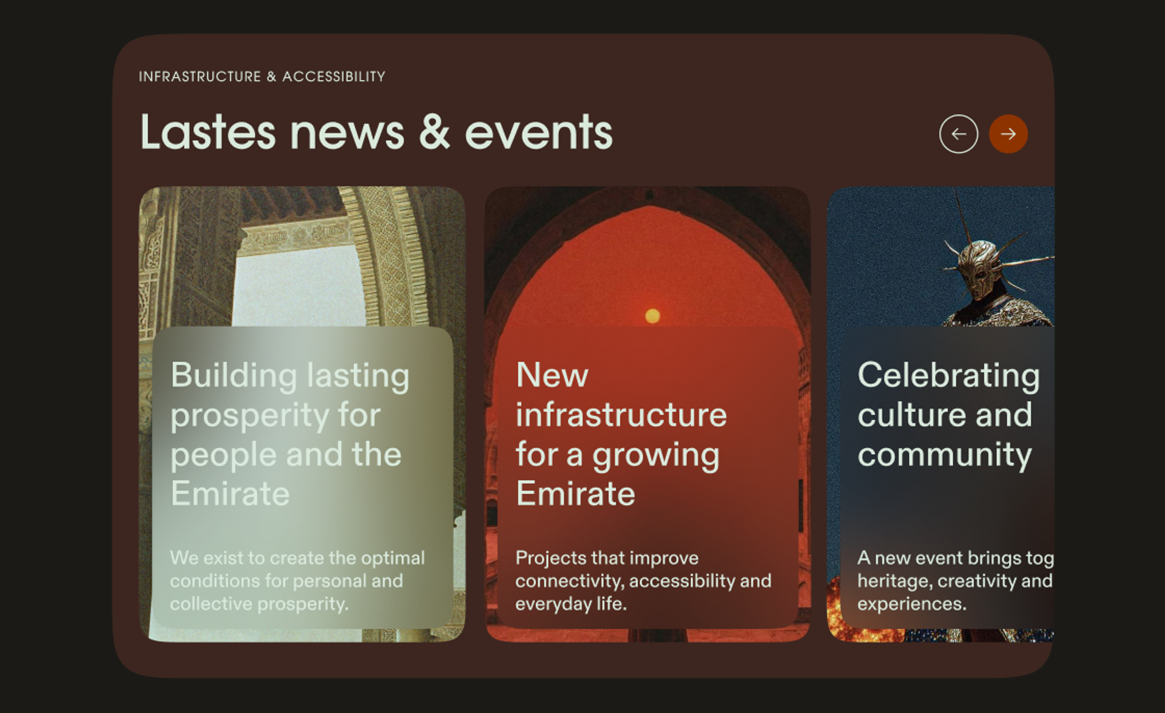 “Latest news and events” cards about building prosperity for the Emirate