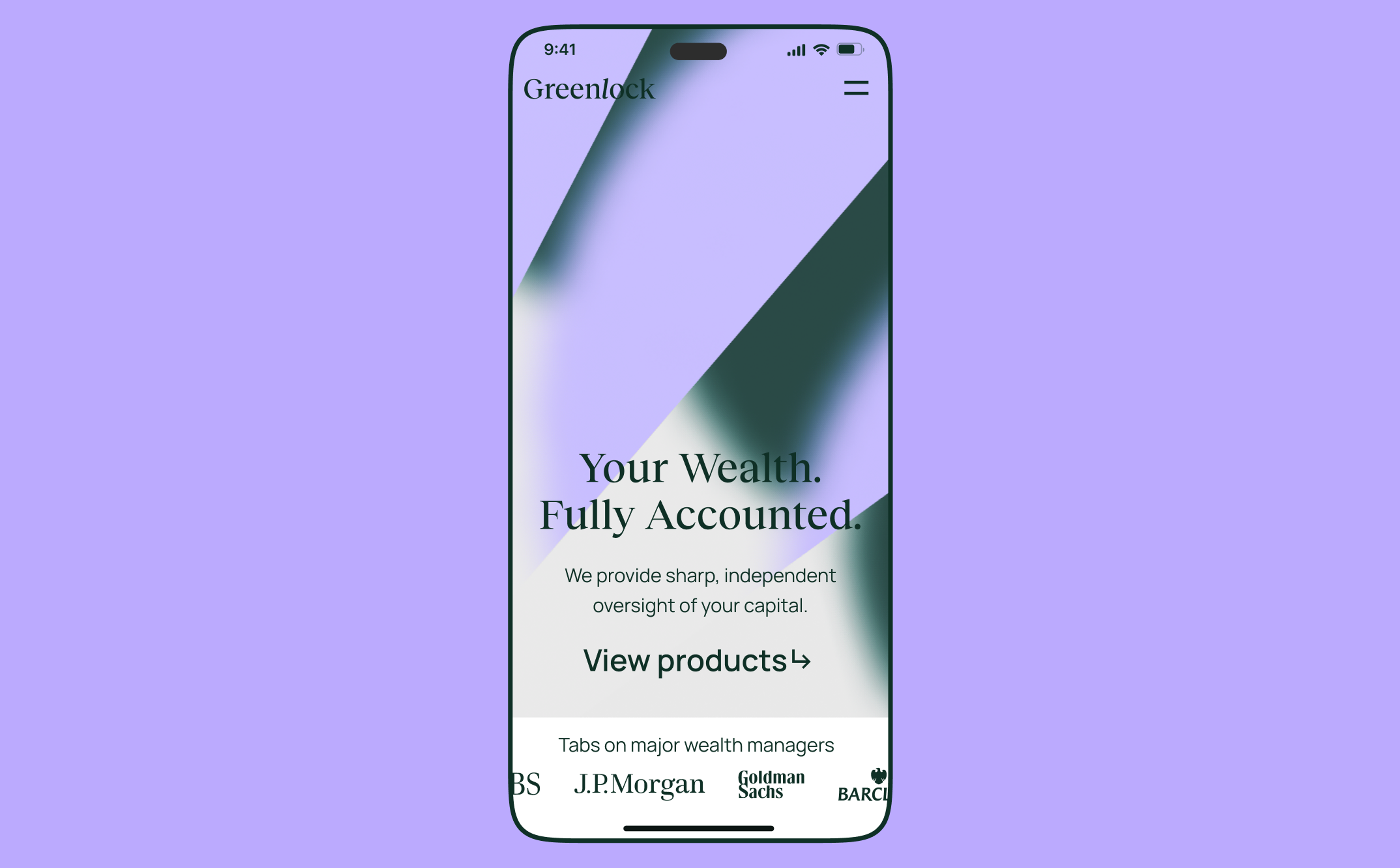 Greenlock site hero on a phone: Your Wealth, Fully Accounted