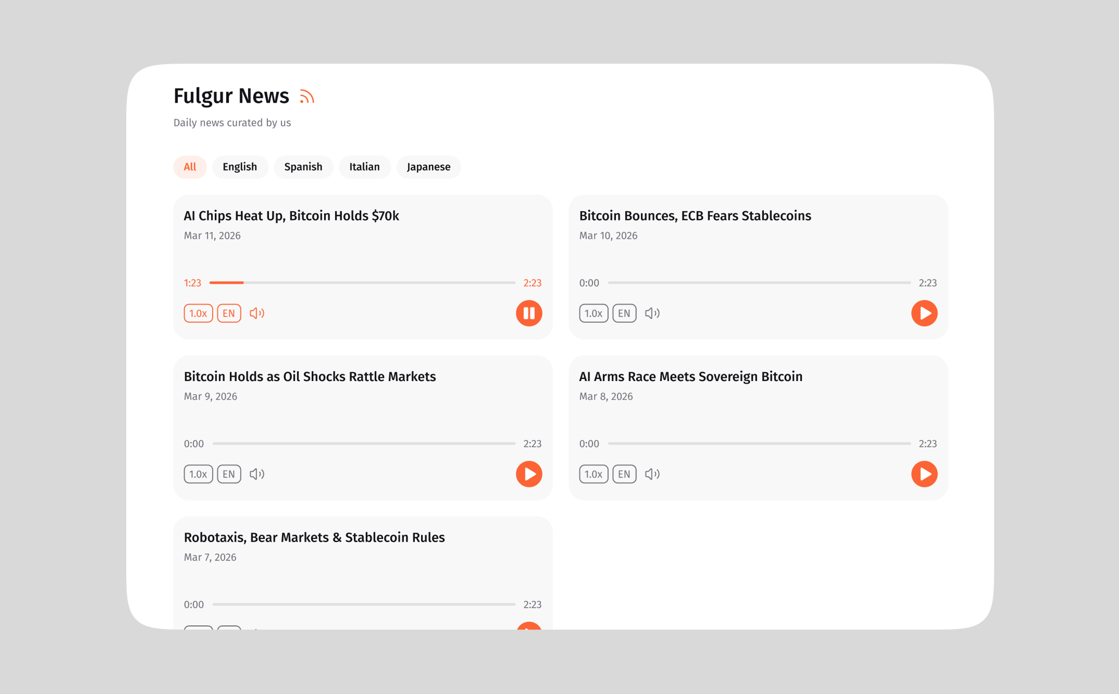 Fulgur News page with language filters