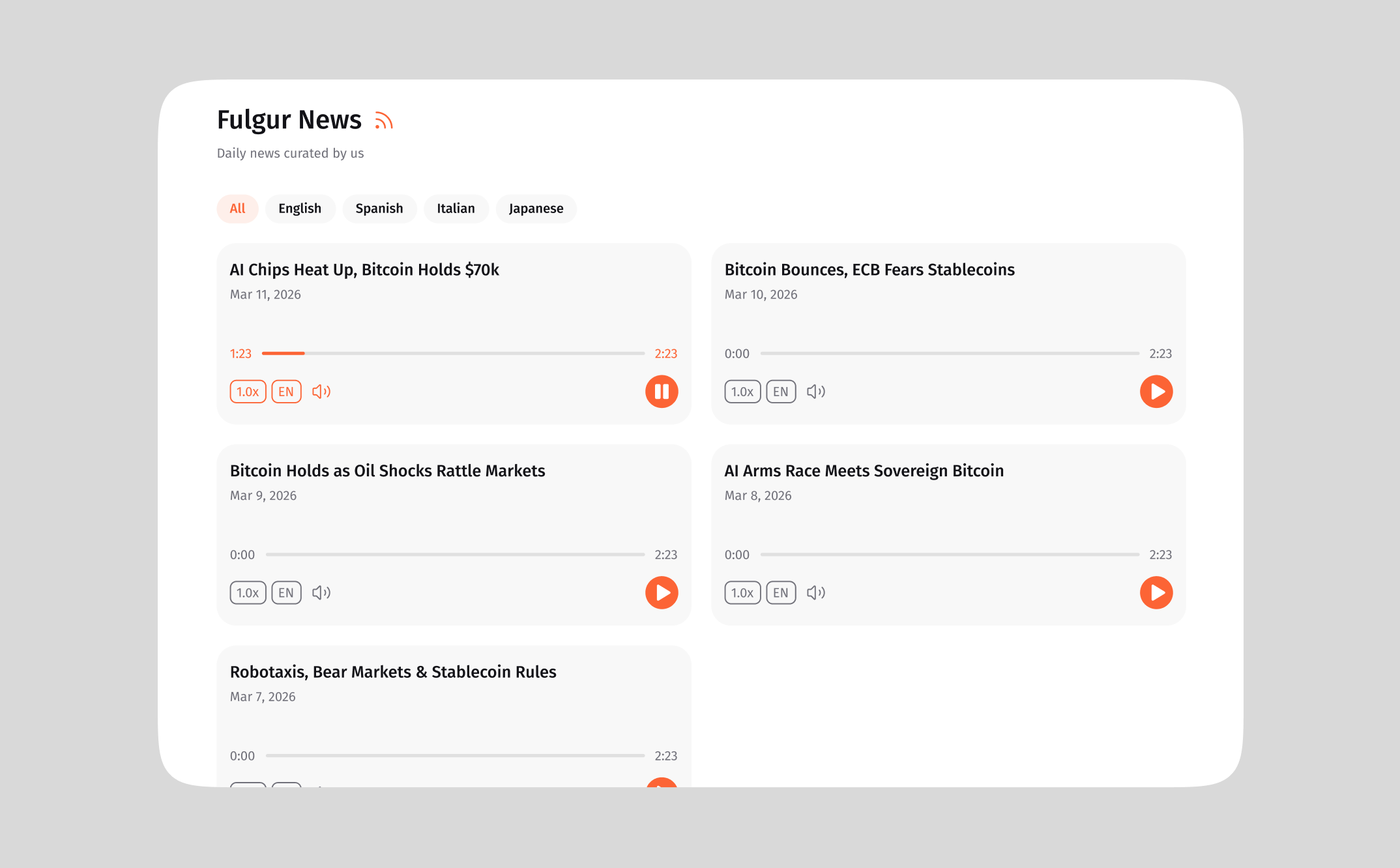 Fulgur News page with language filters
