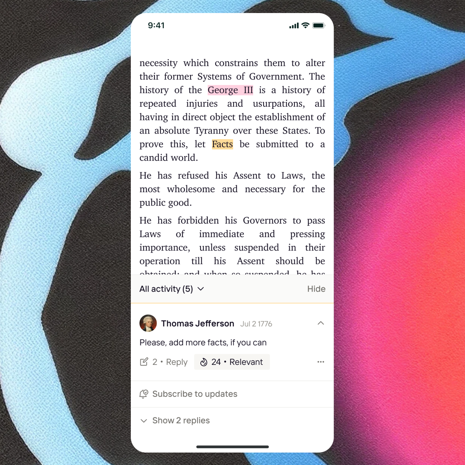 Phone screen of a document with highlighted passages and a threaded comment