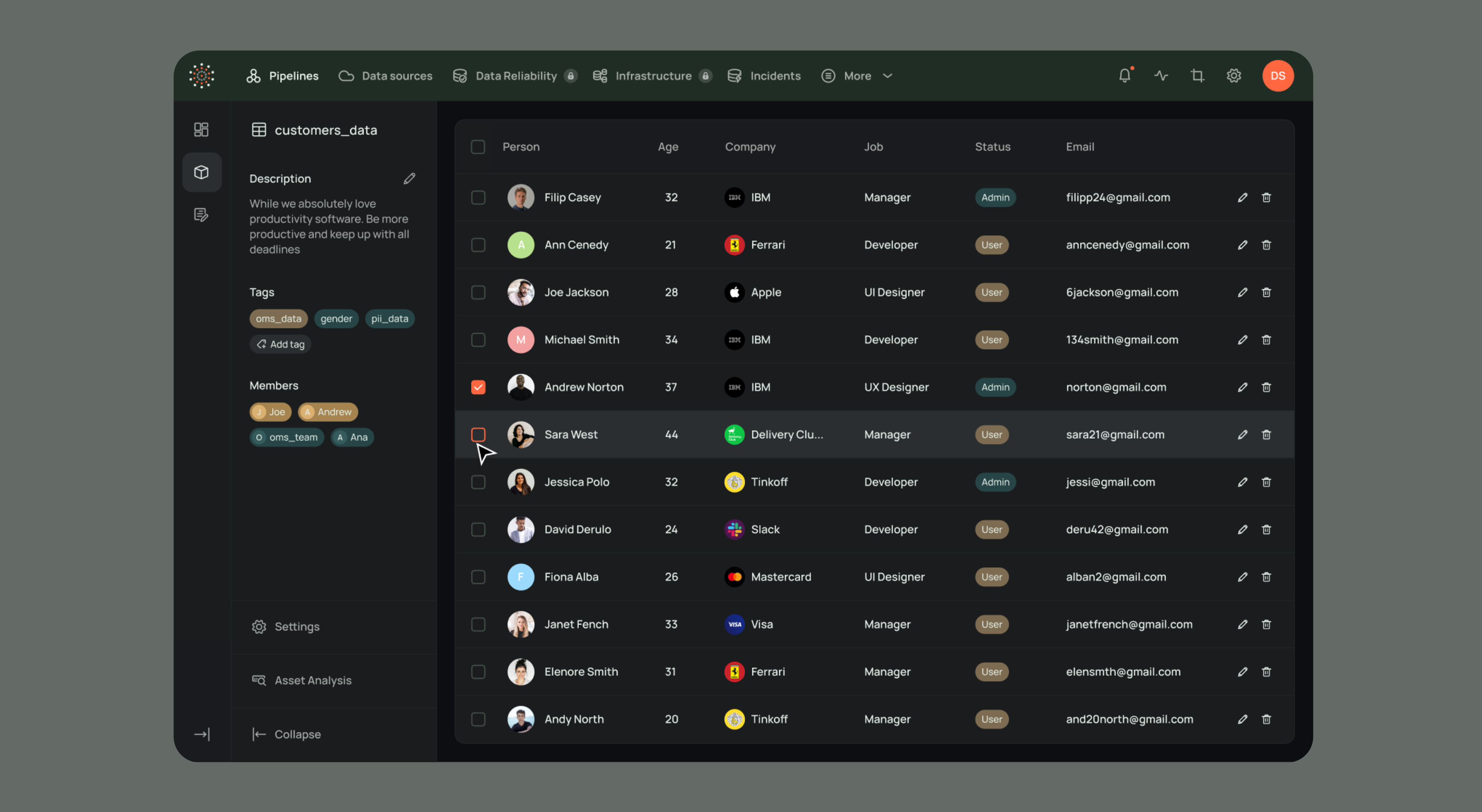 Acceldata dark-theme table of data sources
