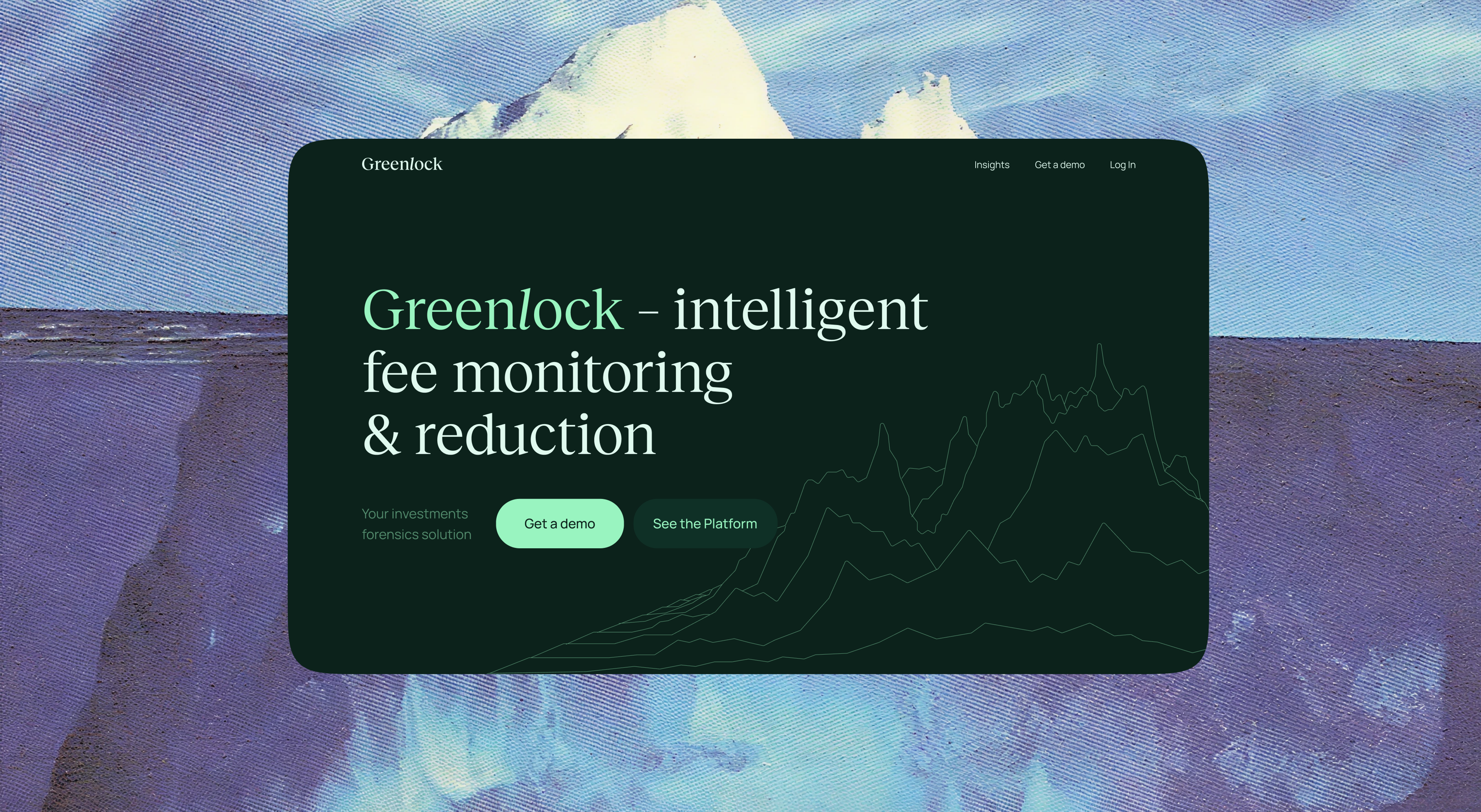 Greenlock website hero over an iceberg: “Greenlock — intelligent fee monitoring & reduction”