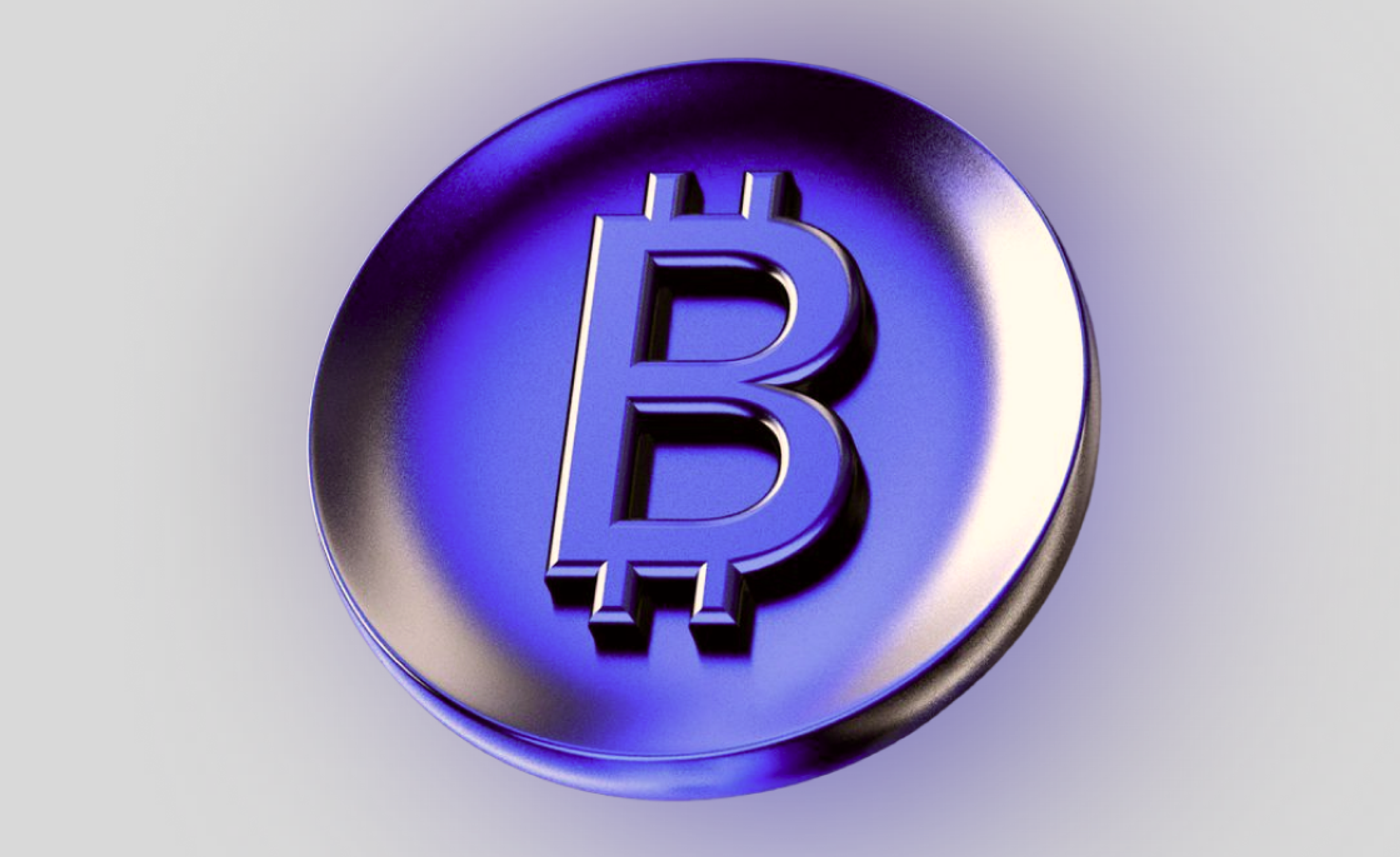 A three-dimensional purple Bitcoin coin