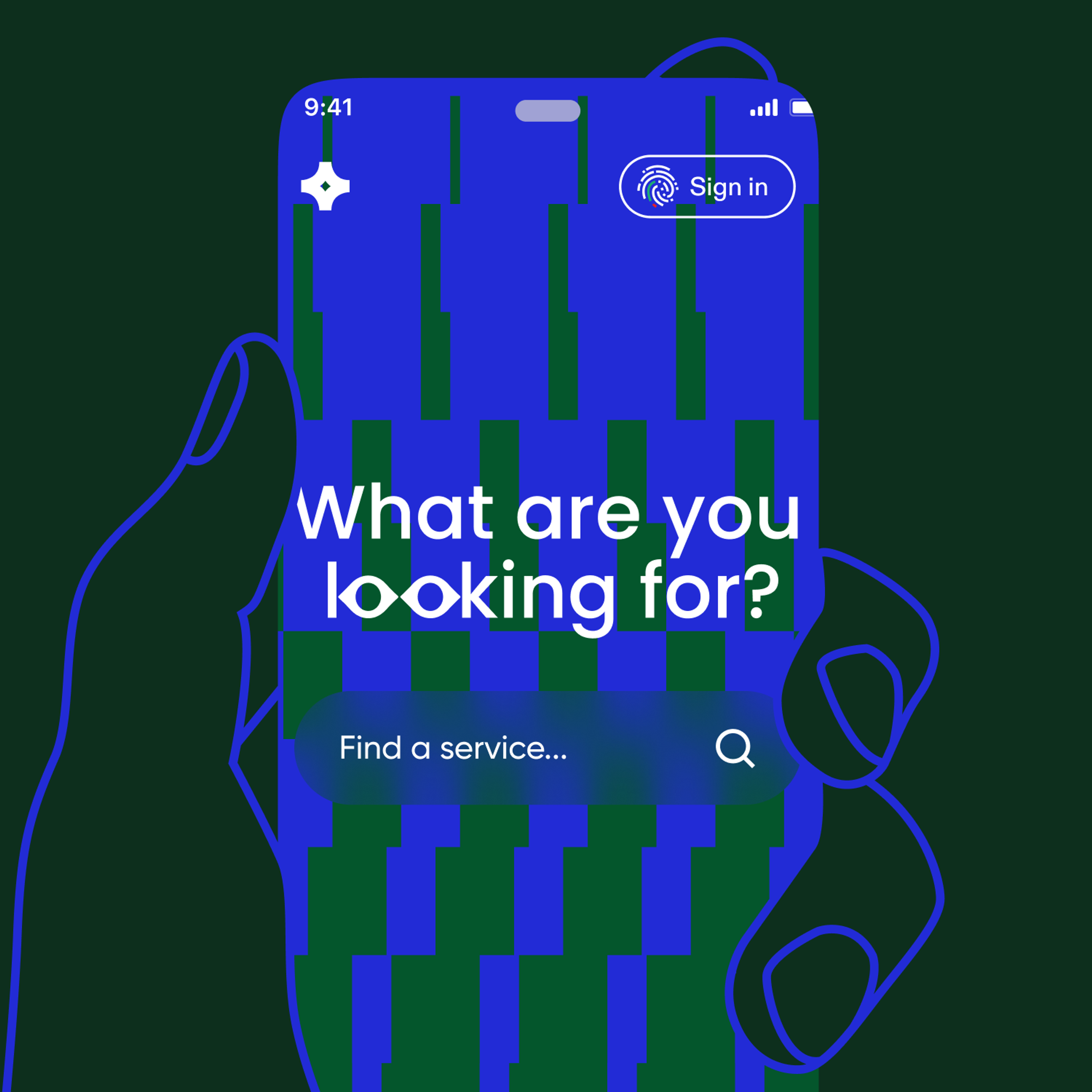 Portal homepage on a phone over a hand outline