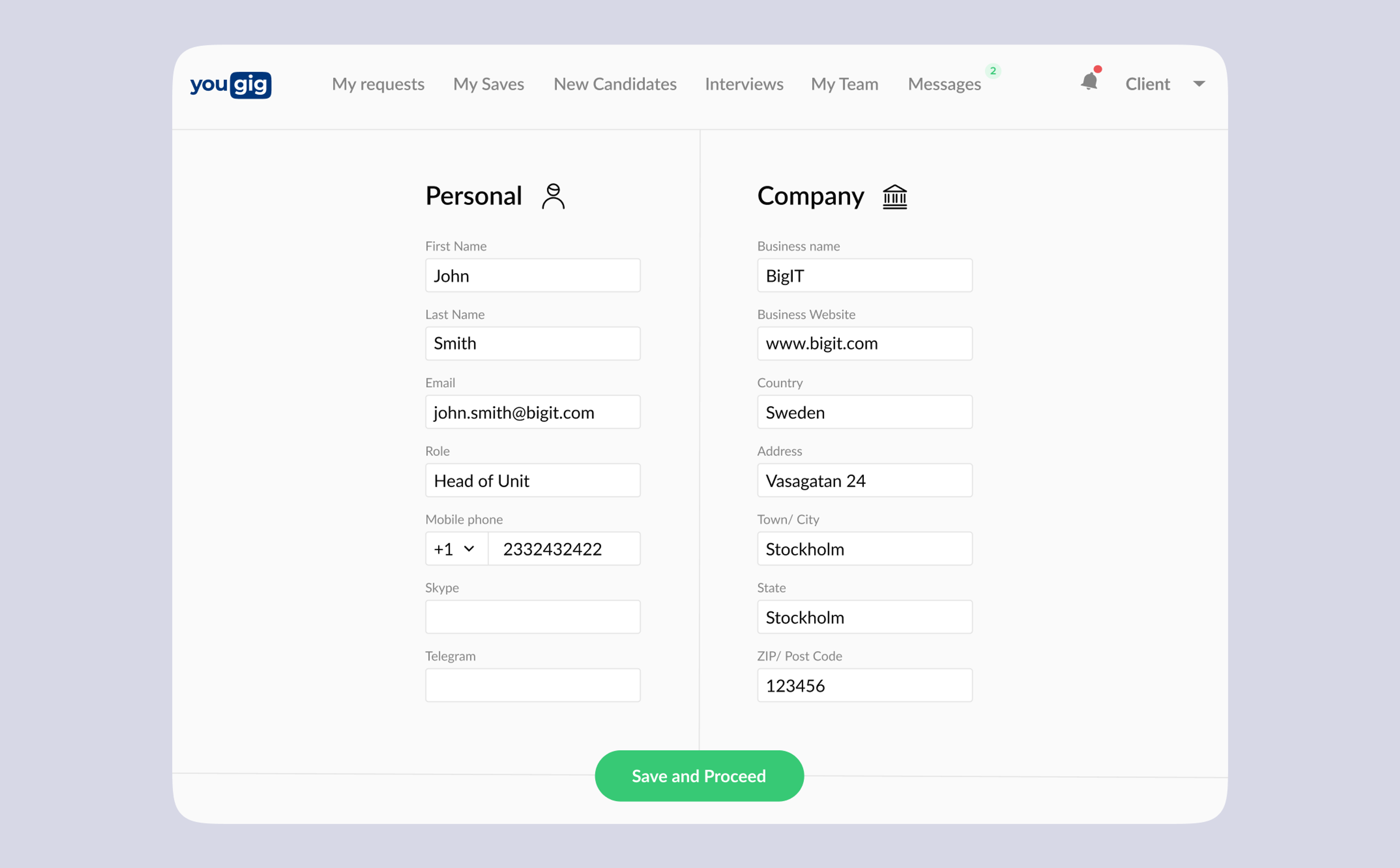 Personal and company profile form